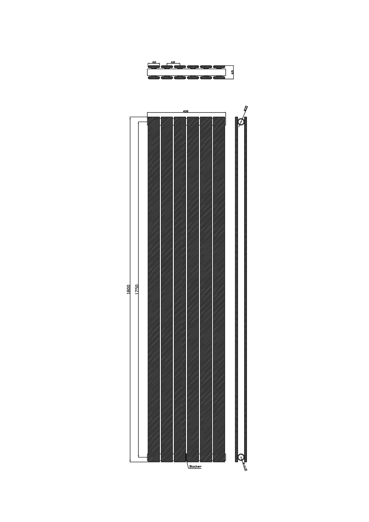 Scudo Bravo Vertical Anthracite Double Designer Radiator - technical drawing with dimensions