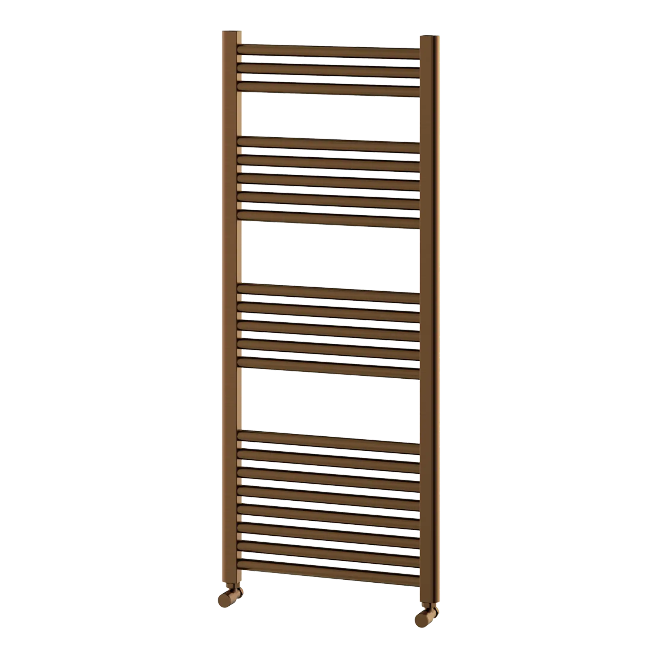 Vertical brown towel radiator with multiple horizontal bars, mounted on castors for bathroom heating and towel drying. Ideal for modern bathroom spaces.