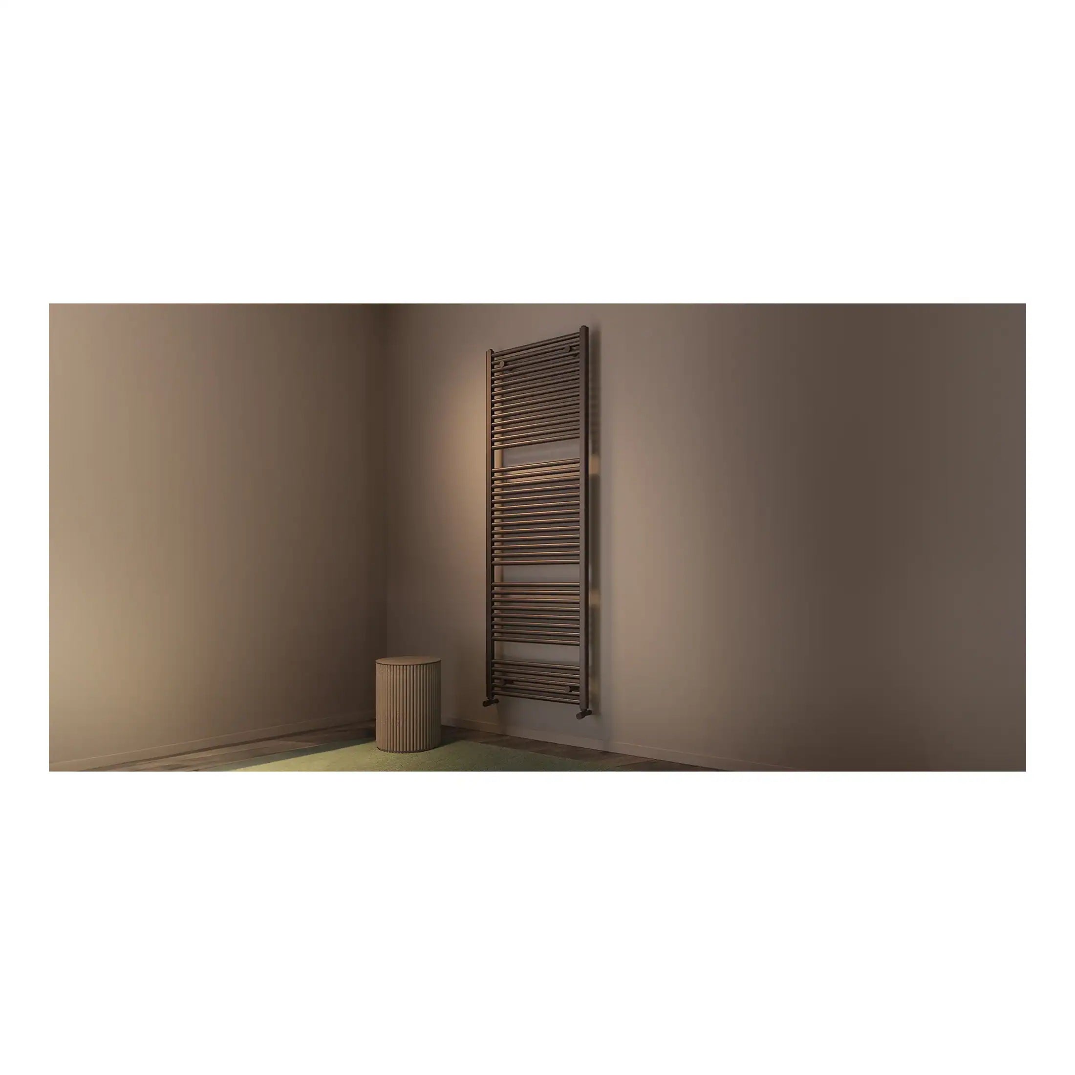 Modern black heated towel rail and beige cylindrical radiator cover in minimalist bathroom setting.