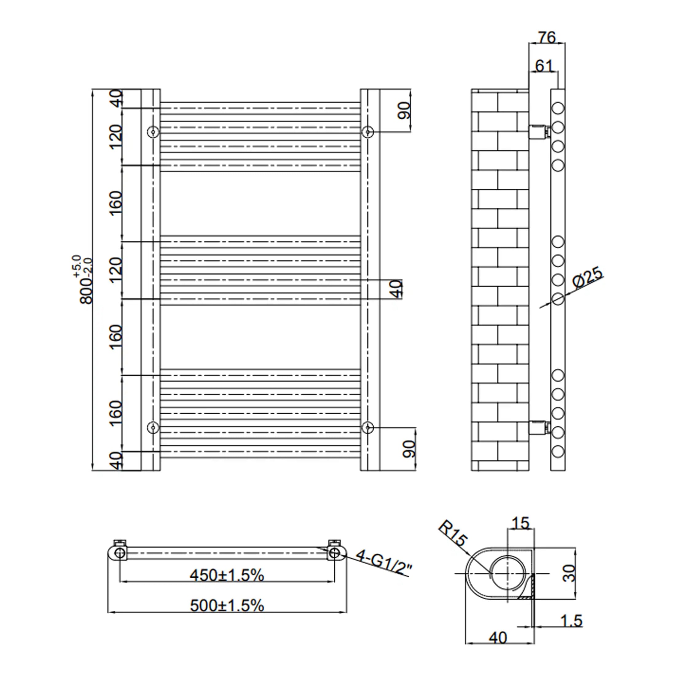 Extensive technical drawing of a modern radiator design from Bubly Bathrooms, showcasing dimensions and technical specifications for efficient bathroom heating solutions.