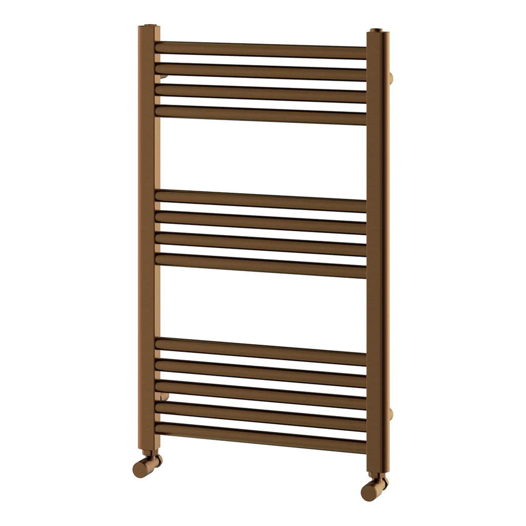 Vintage brown heated towel rail for bathrooms, modern design, wall-mounted, with multiple bars for towels, ideal for bathroom heating and drying.
