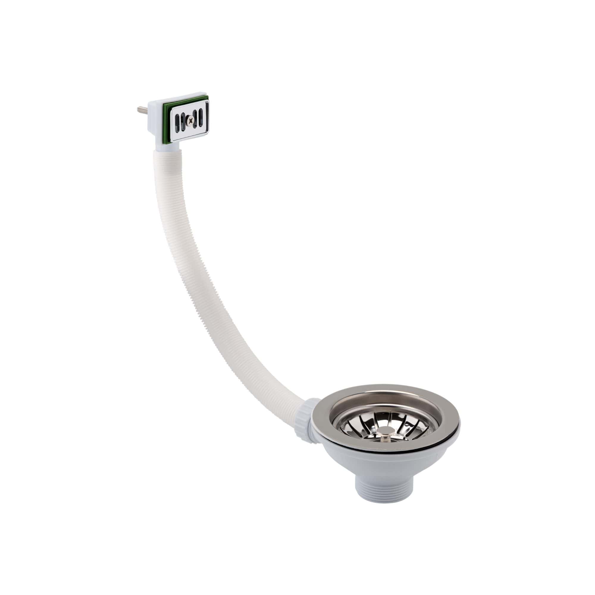 Flexible sink waste pipe with stainless steel strainer and easy-to-install connectors for modern bathroom plumbing installations.