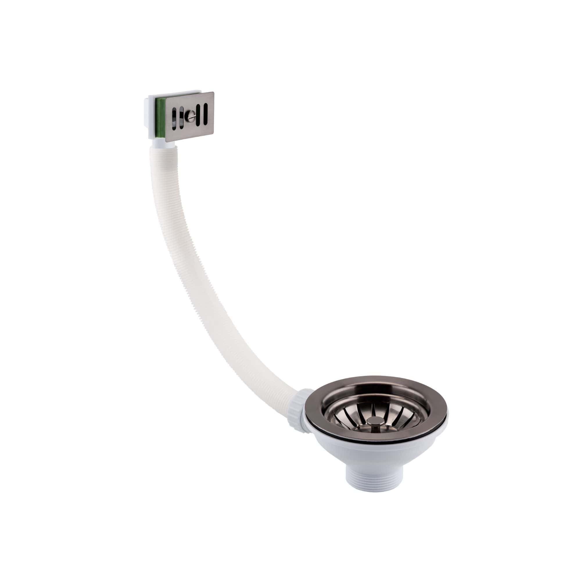 Flexible bathroom sink drainage pipe with metal strainer and white hose for leak prevention - Bubly Bathrooms accessories.