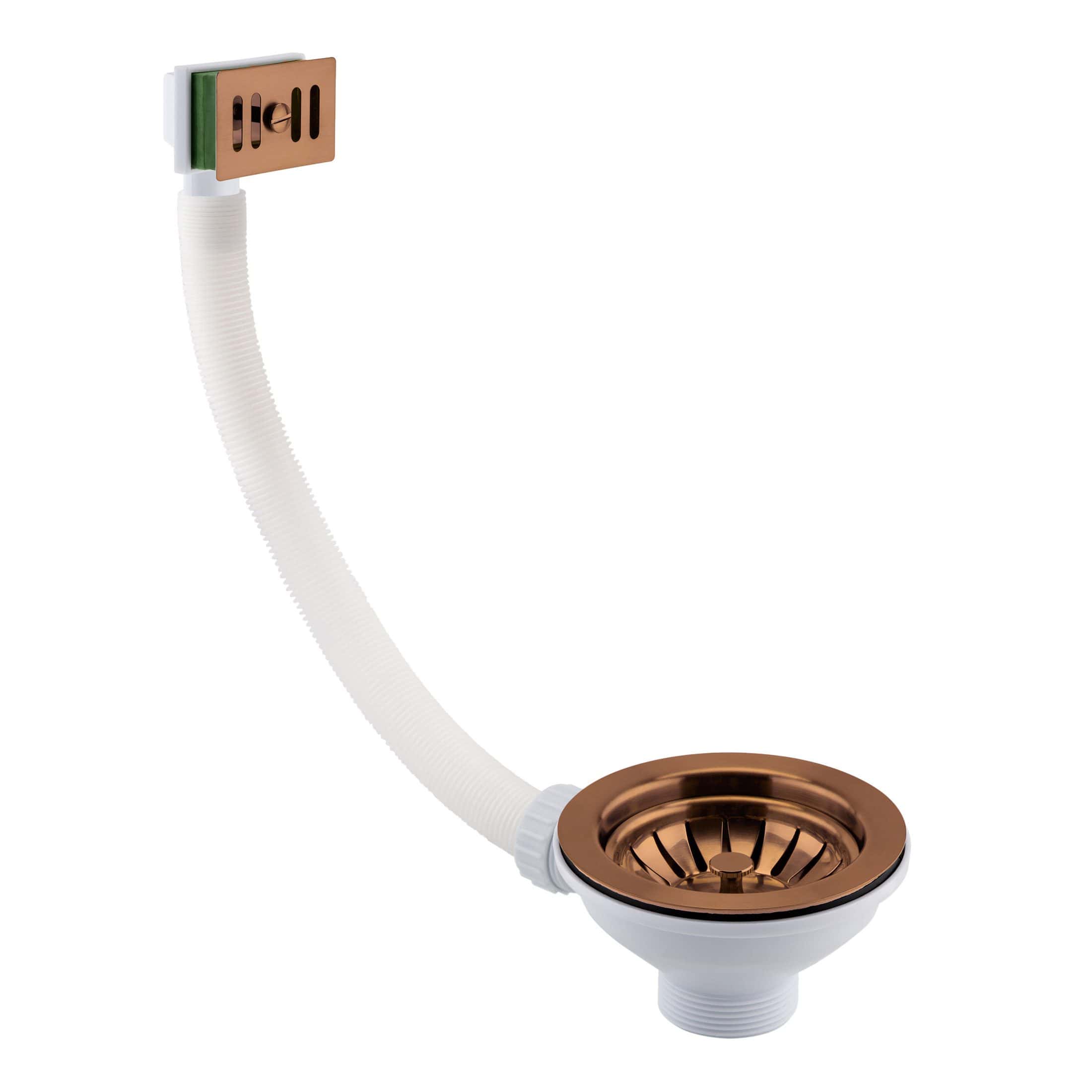 Copper and white bathroom sink strainer and drain assembly for effective waste water management. Ideal for modern bathrooms with stylish copper accents. Durable construction and easy installation.