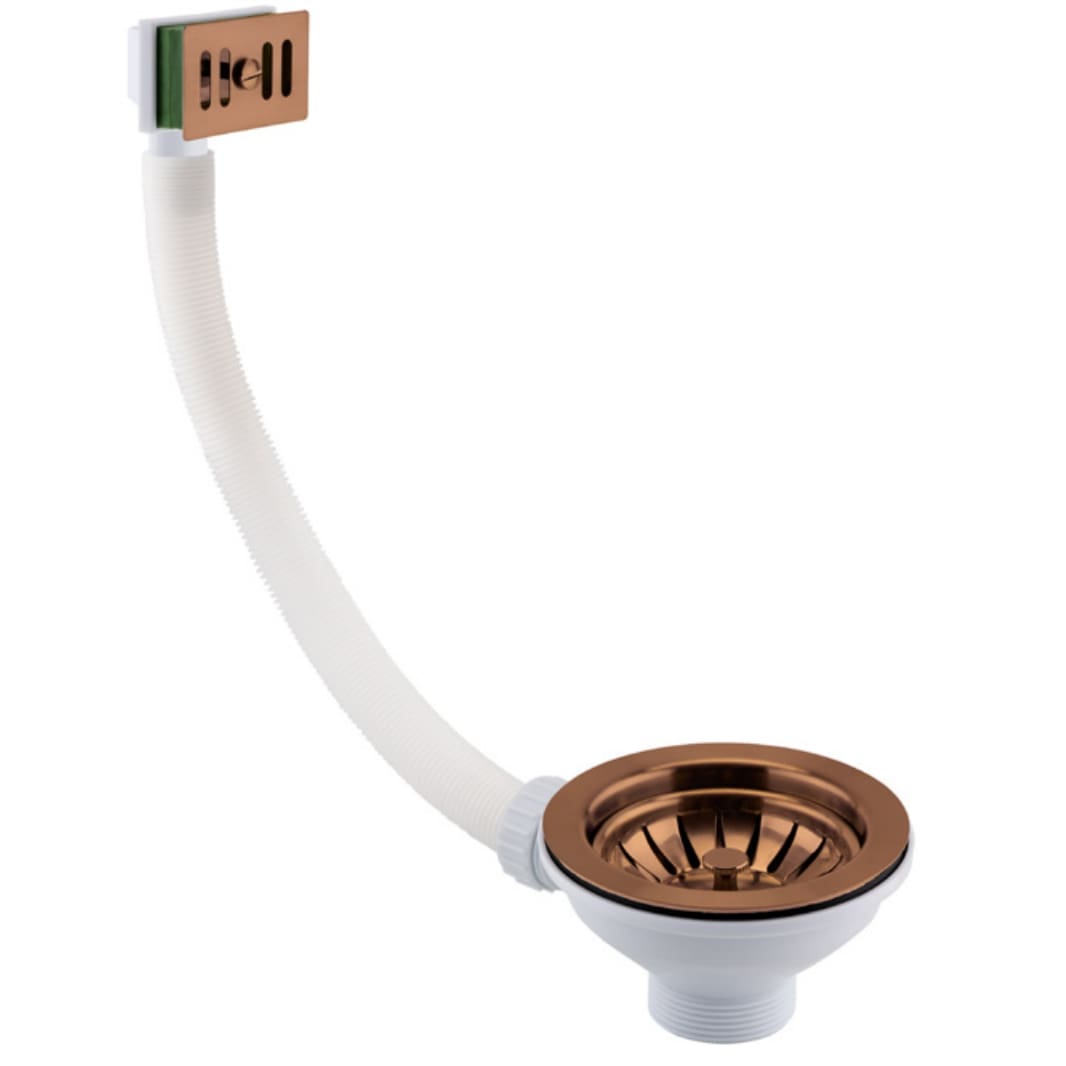 Flexible bathroom basin waste with copper and white finish, designed for stylish and functional bathroom drainage solutions. Suitable for modern bathroom installations and easy to clean.