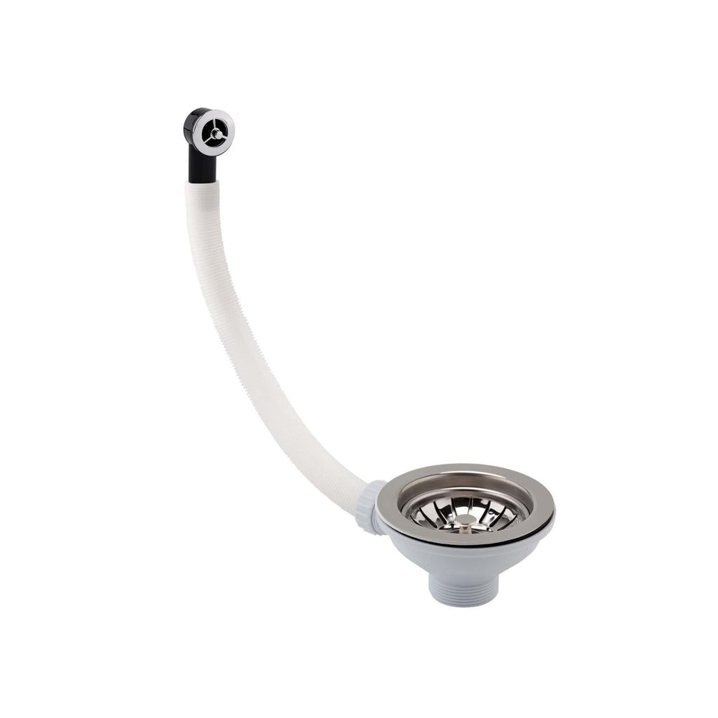 Flexible sink drain waste with overflow, stainless steel strainer, and black and white pipe, ideal for modern bathroom or kitchen installations.