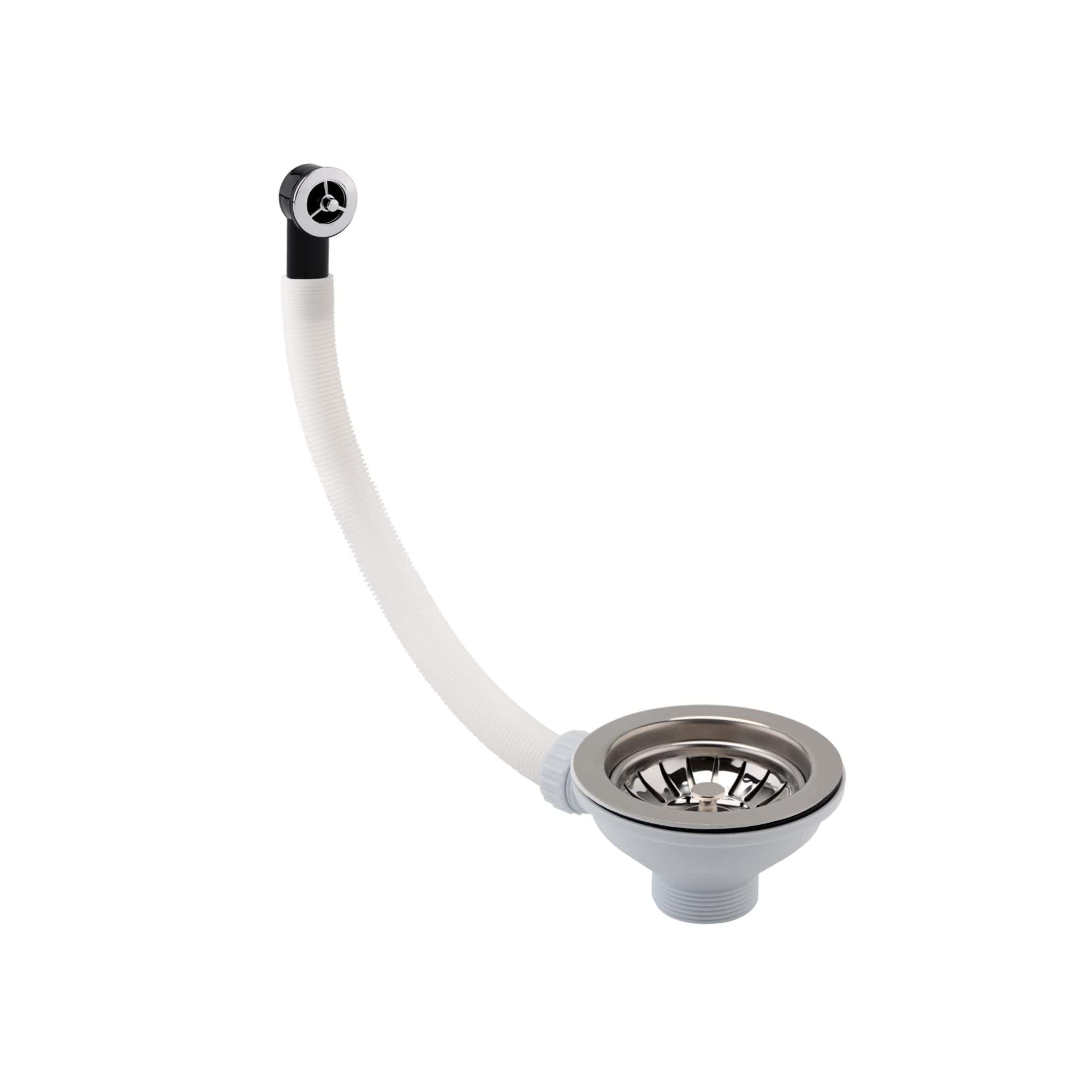 Flexible sink drain waste with overflow, stainless steel strainer, and black and white pipe, ideal for modern bathroom or kitchen installations.