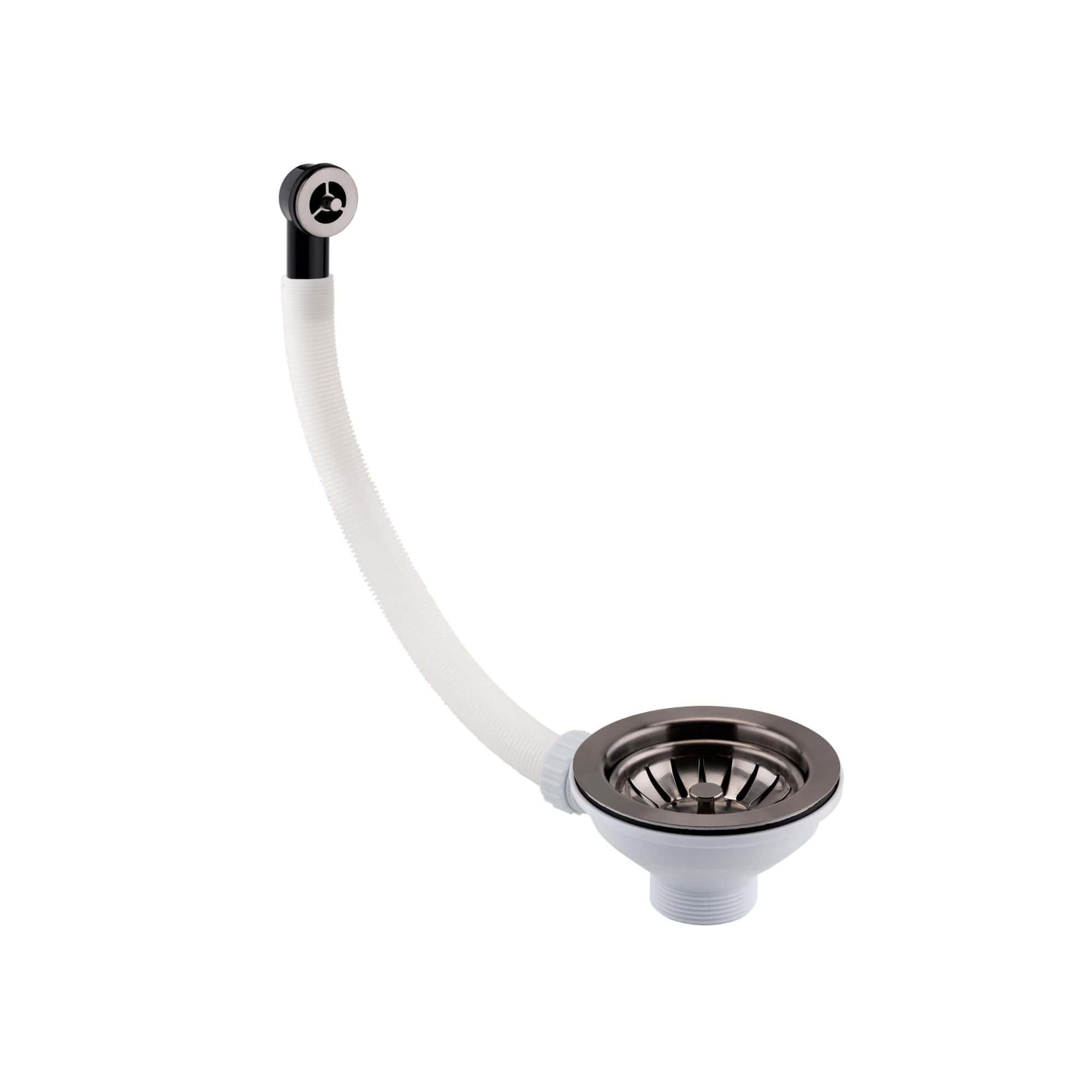 Flexible bathroom sink drain with metal strainer and white piping, ideal for plumbing installations and bathroom renovations.