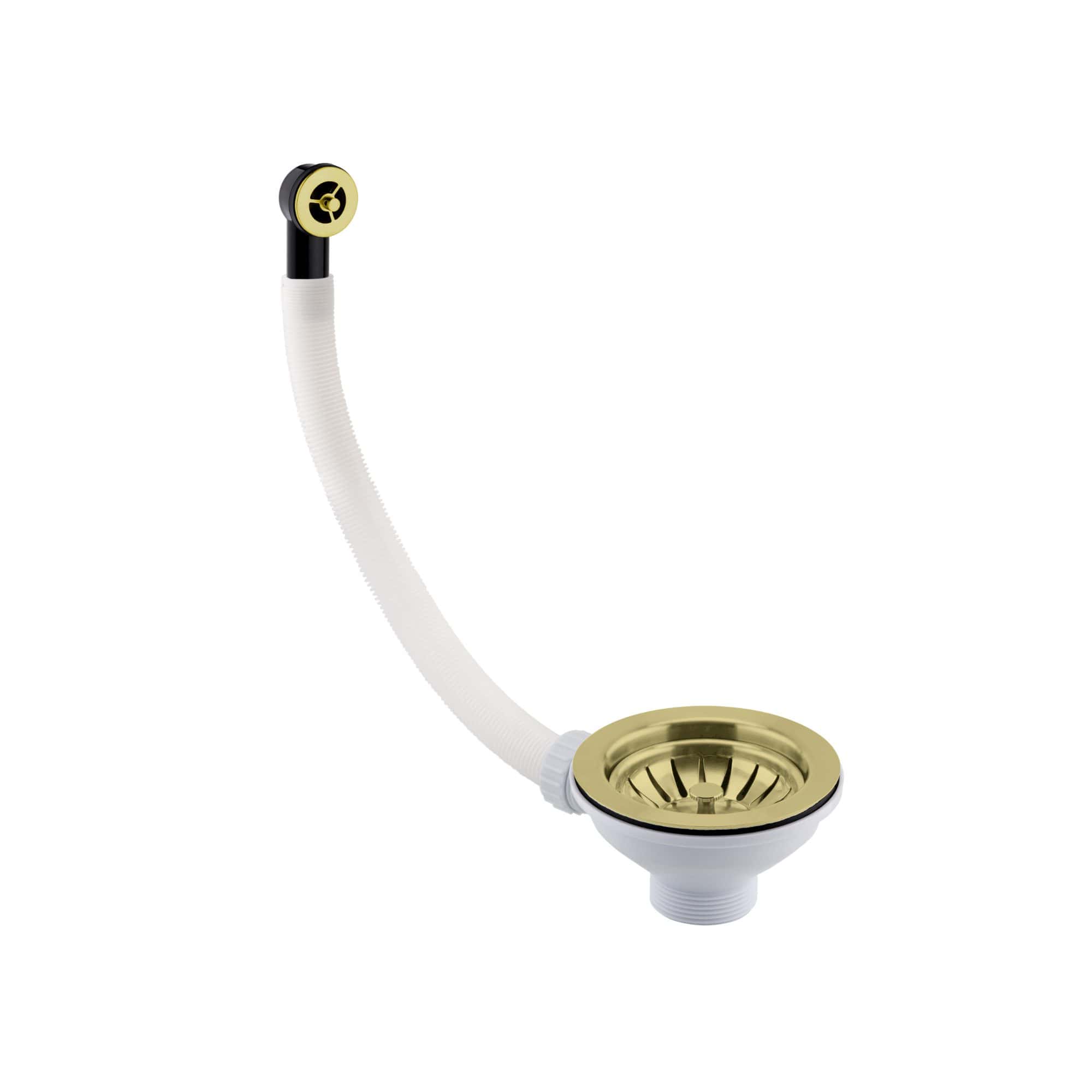 Flexible sink drain with brass strainer and black and gold fittings for modern bathroom plumbing.