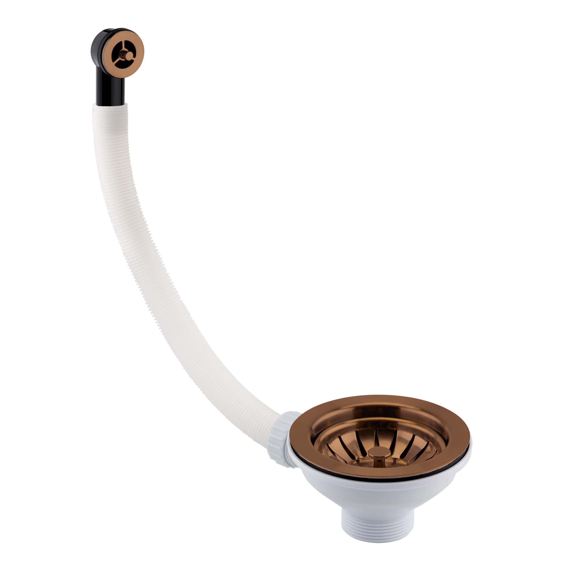 Flexible kitchen sink drain plug with bronze finish and accordion pipe, ideal for kitchen plumbing installations. Durable, easy to install, and designed to prevent leaks. Perfect for modern kitchen renovation projects.