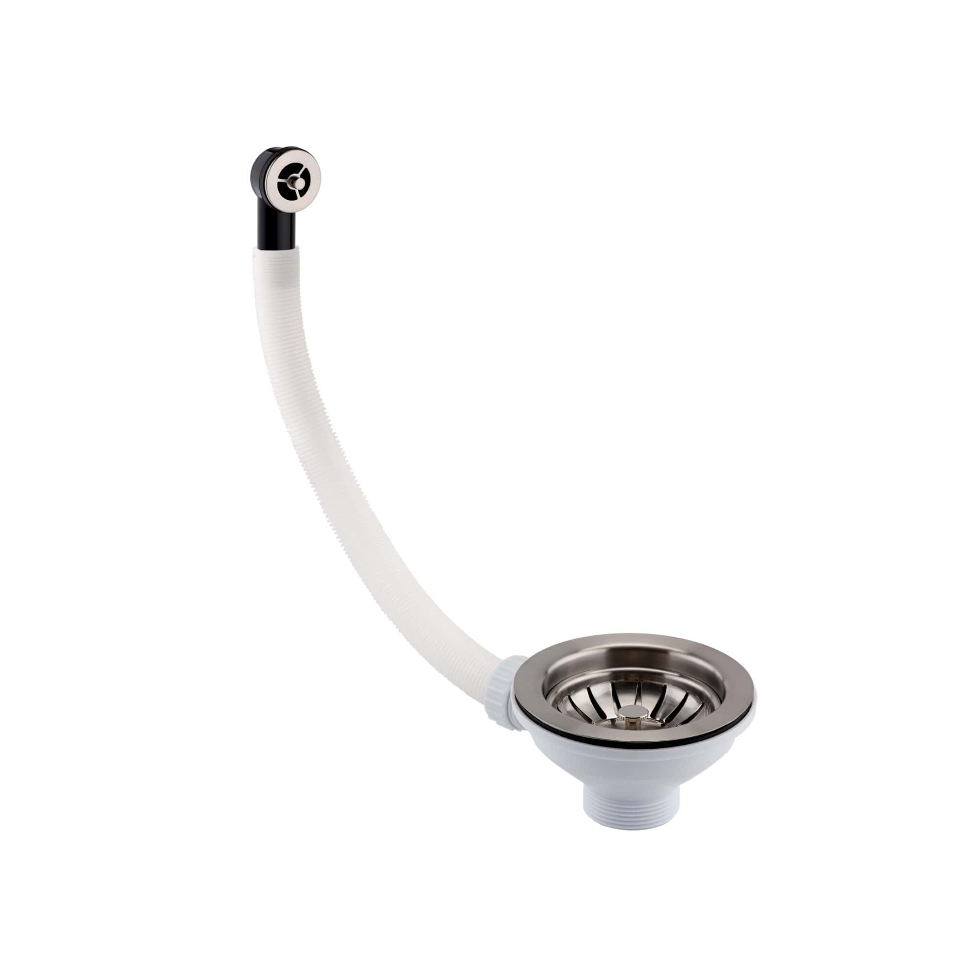 Flexible stainless steel kitchen sink strainer with attached hose for drainage and overflow control. Durable, easy to install, perfect for modern bathrooms and kitchens.