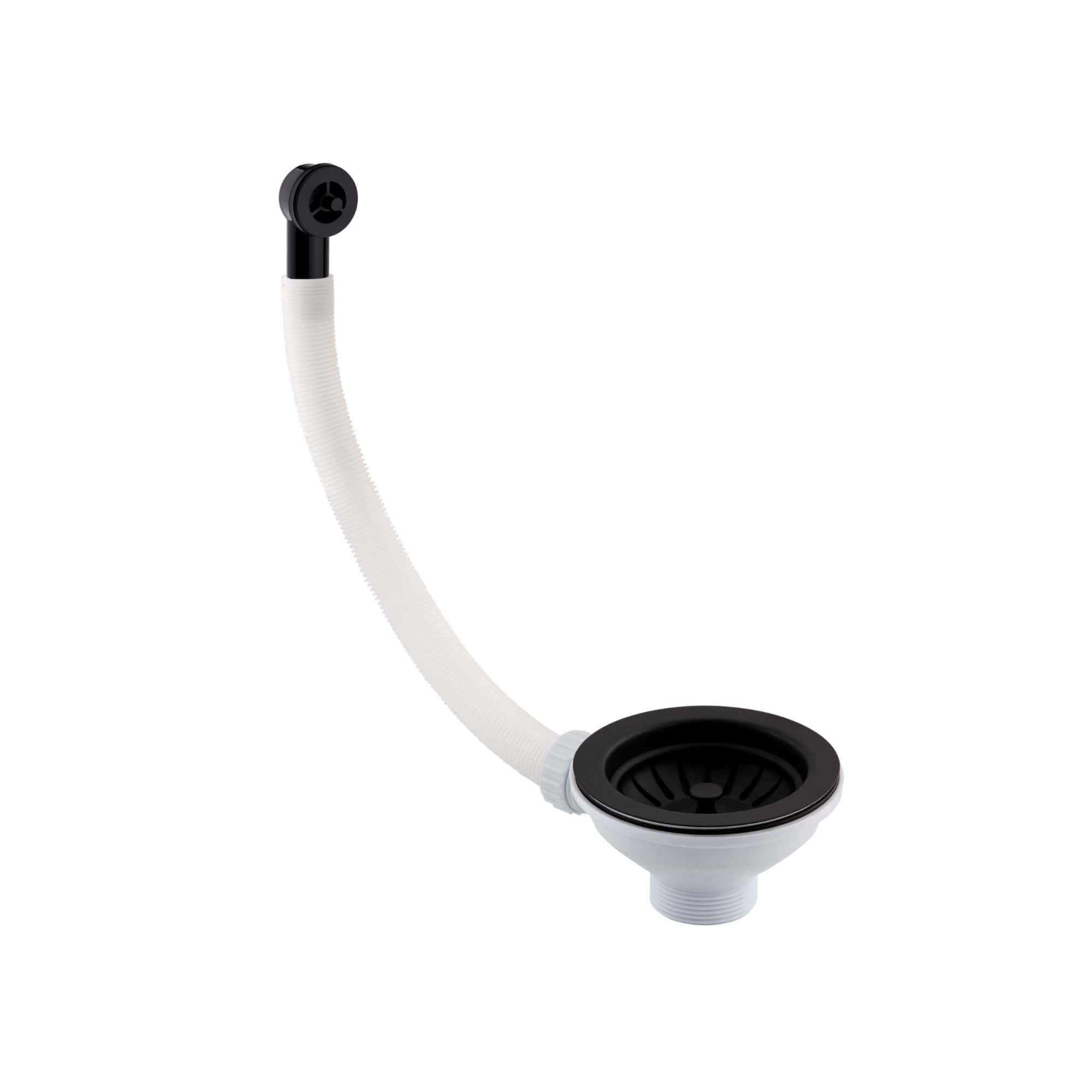 Flexible sink drain pipe with black drain cover, designed for modern bathroom plumbing installations. High-quality component perfect for replacing or upgrading your bathroom sink drainage system.