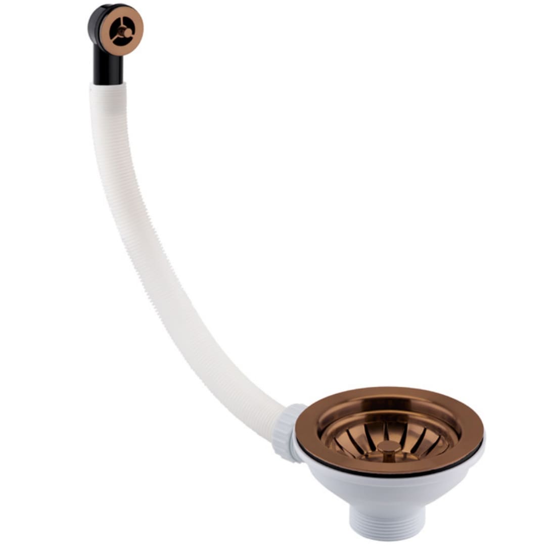 Flexible sink drain pipe with bronze finish for bathroom plumbing, compatible with Bubly Bathrooms fixtures, durable and easy to install.