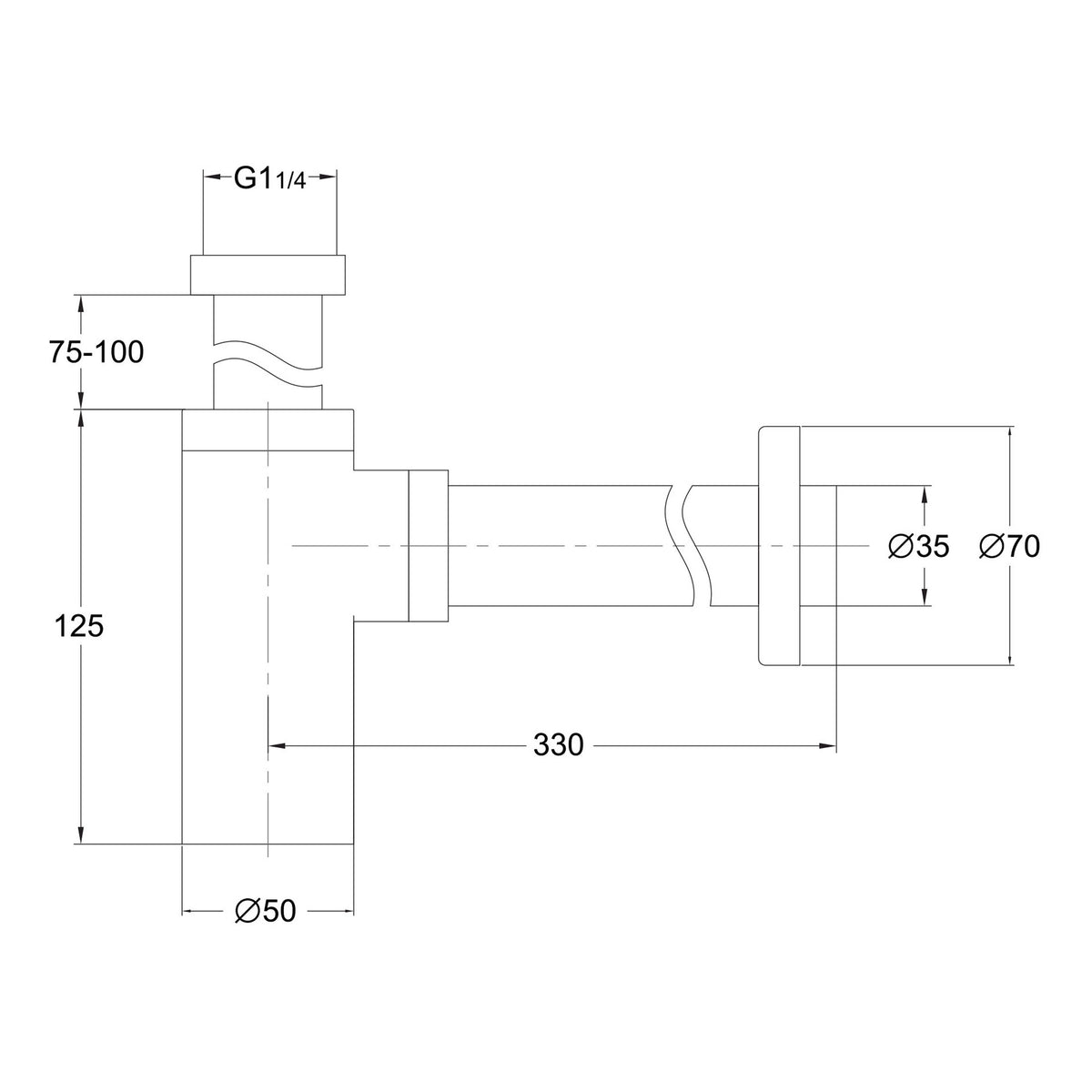 Scudo Modern Round Bottle Trap - Chrome - technical drawing with dimensions