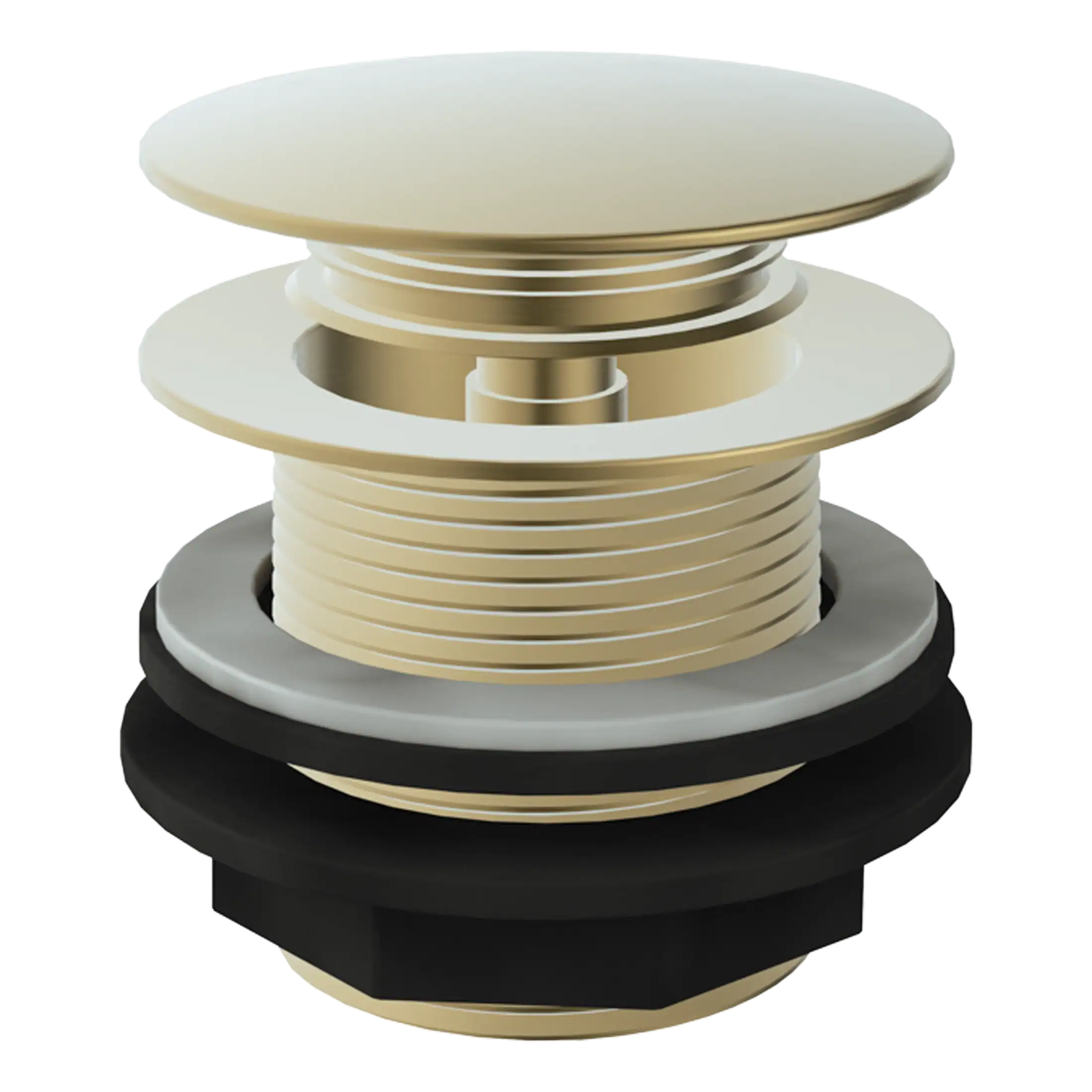 Bright, modern bathroom sink drain assembly with brass, rubber, and plastic components, ideal for high-quality bathroom plumbing and installation.