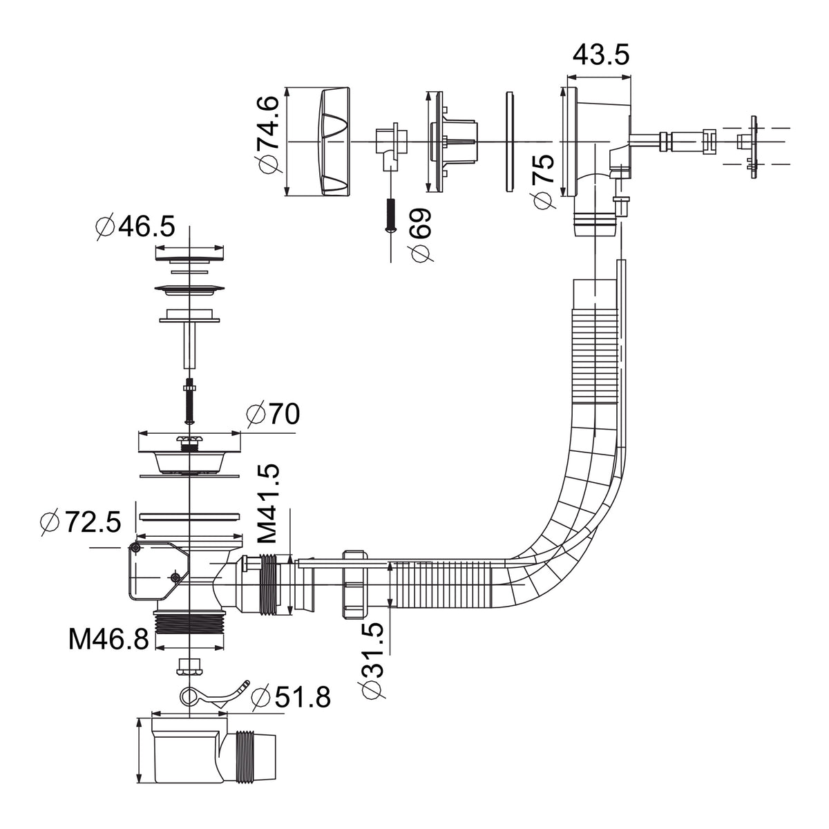 Scudo Bath Pop-Up Waste With Overflow - technical drawing with dimensions