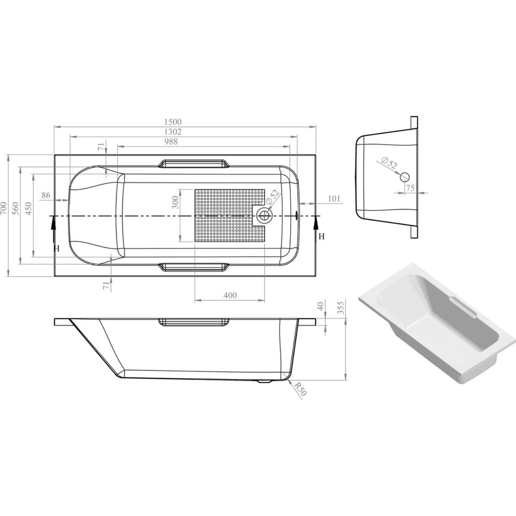 Highly detailed technical drawing of a bathtub with precise measurements, side and top views, and a 3D perspective, ideal for bathroom renovation or installation projects.