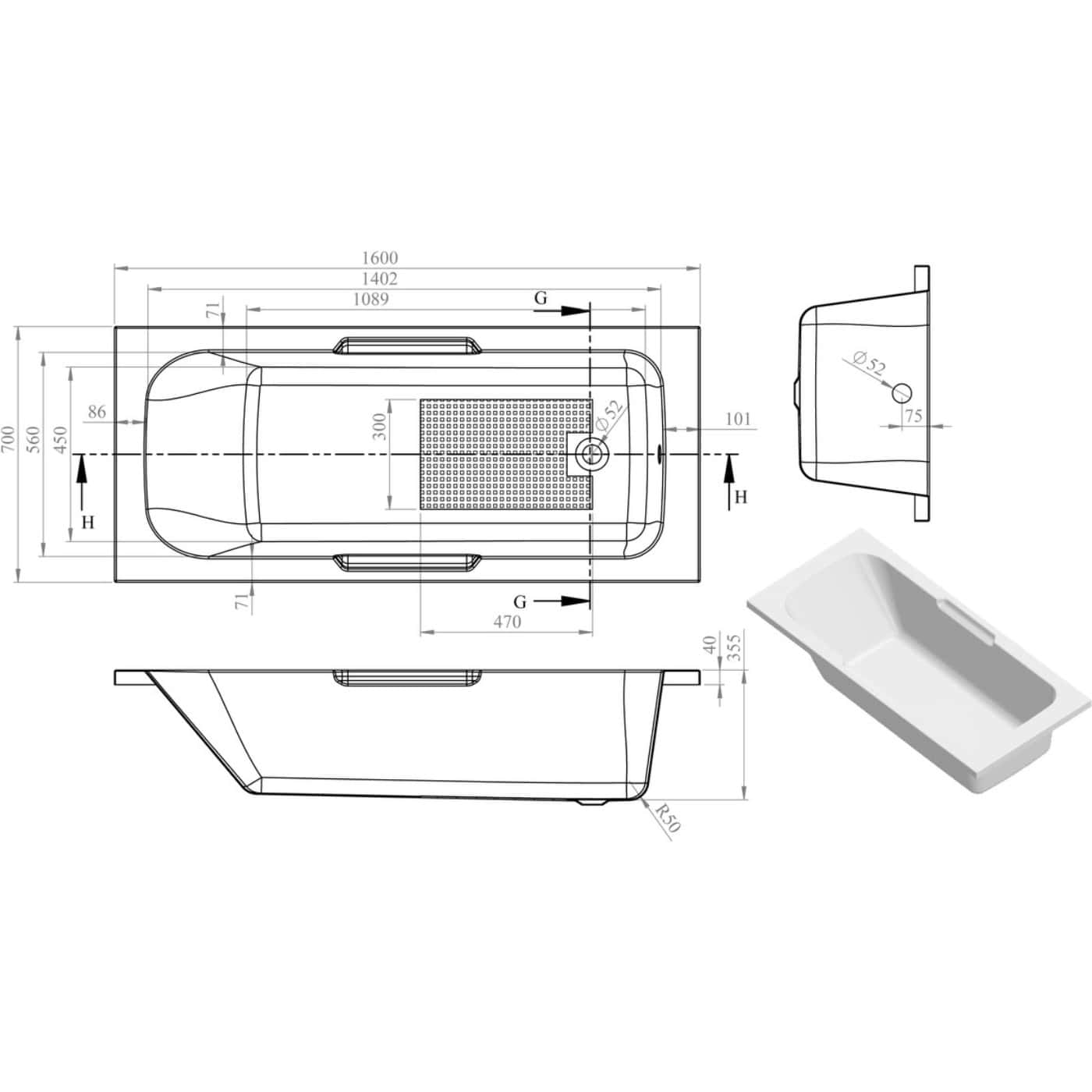High-quality technical blueprint of a modern bathtub design with detailed measurements, side and top views, showcasing precise dimensions for bathroom renovation or installation projects.
