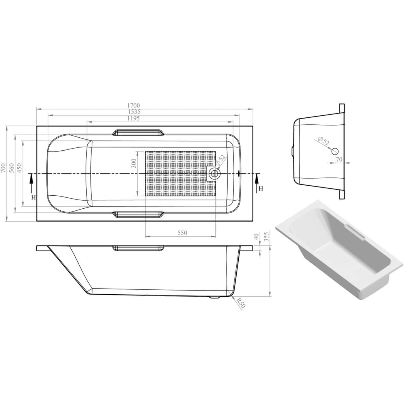 High-quality technical drawing of a bathtub with detailed dimensions, side and top views, highlighting design features for custom bathroom renovations and modern plumbing solutions.