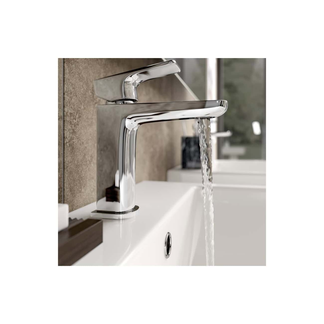 Brushed chrome bathroom sink faucet with flowing water, modern design, and easy-to-use single lever, installed on white ceramic sink in contemporary bathroom setting.