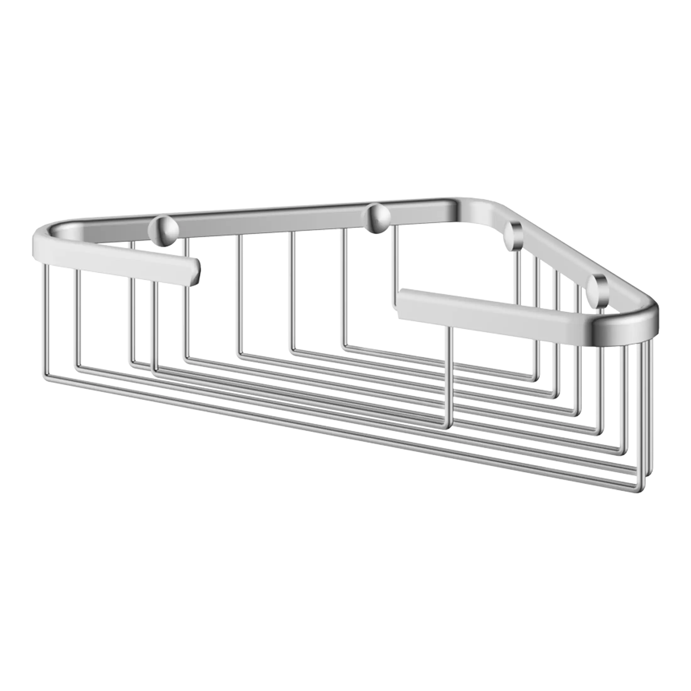 Shower caddy for bathroom storage, made of stainless steel, ideal for organising toiletries and shower essentials in modern bathrooms.