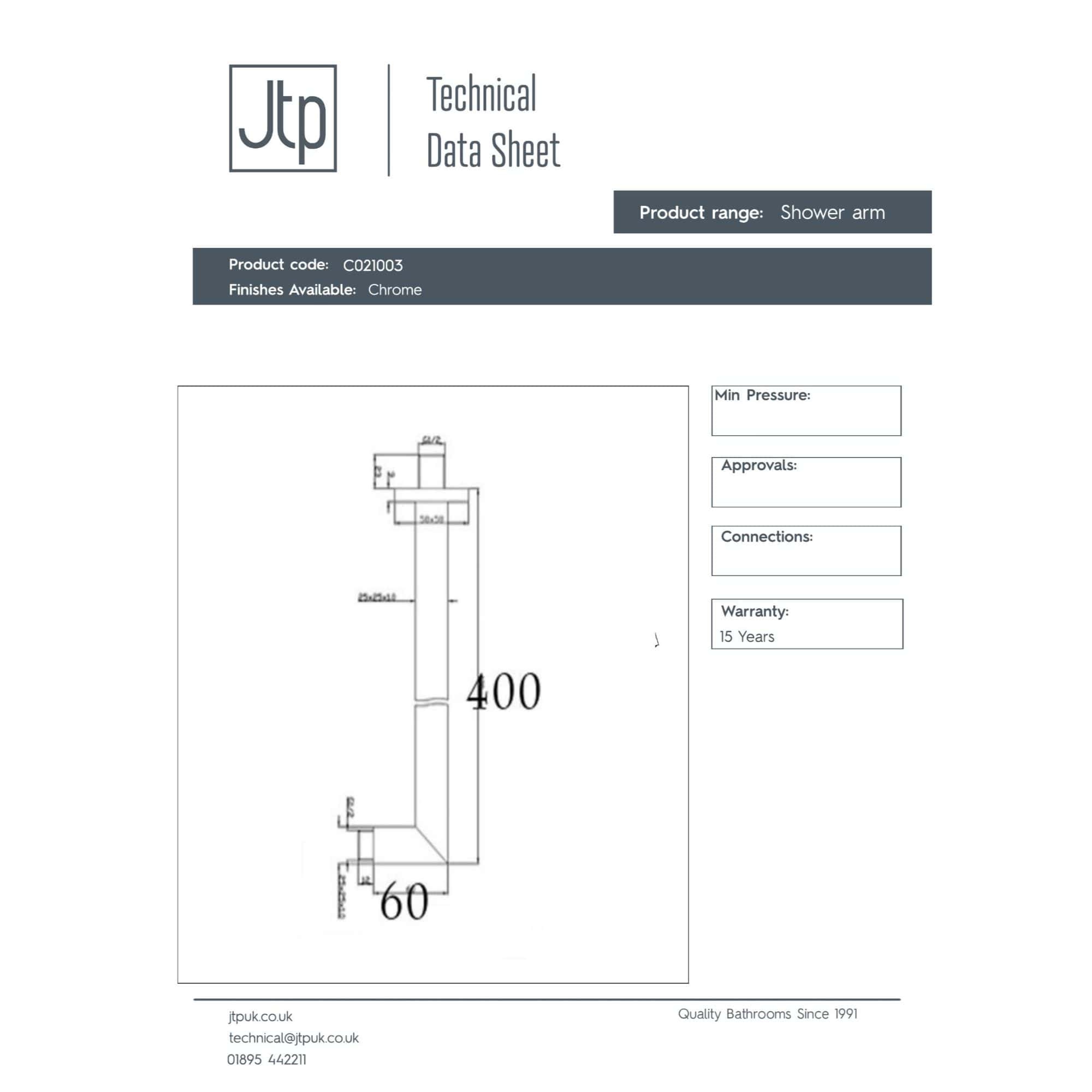 Shower arm technical diagram with chrome finish, detailed measurements, and specifications for plumbing installation in modern bathrooms.