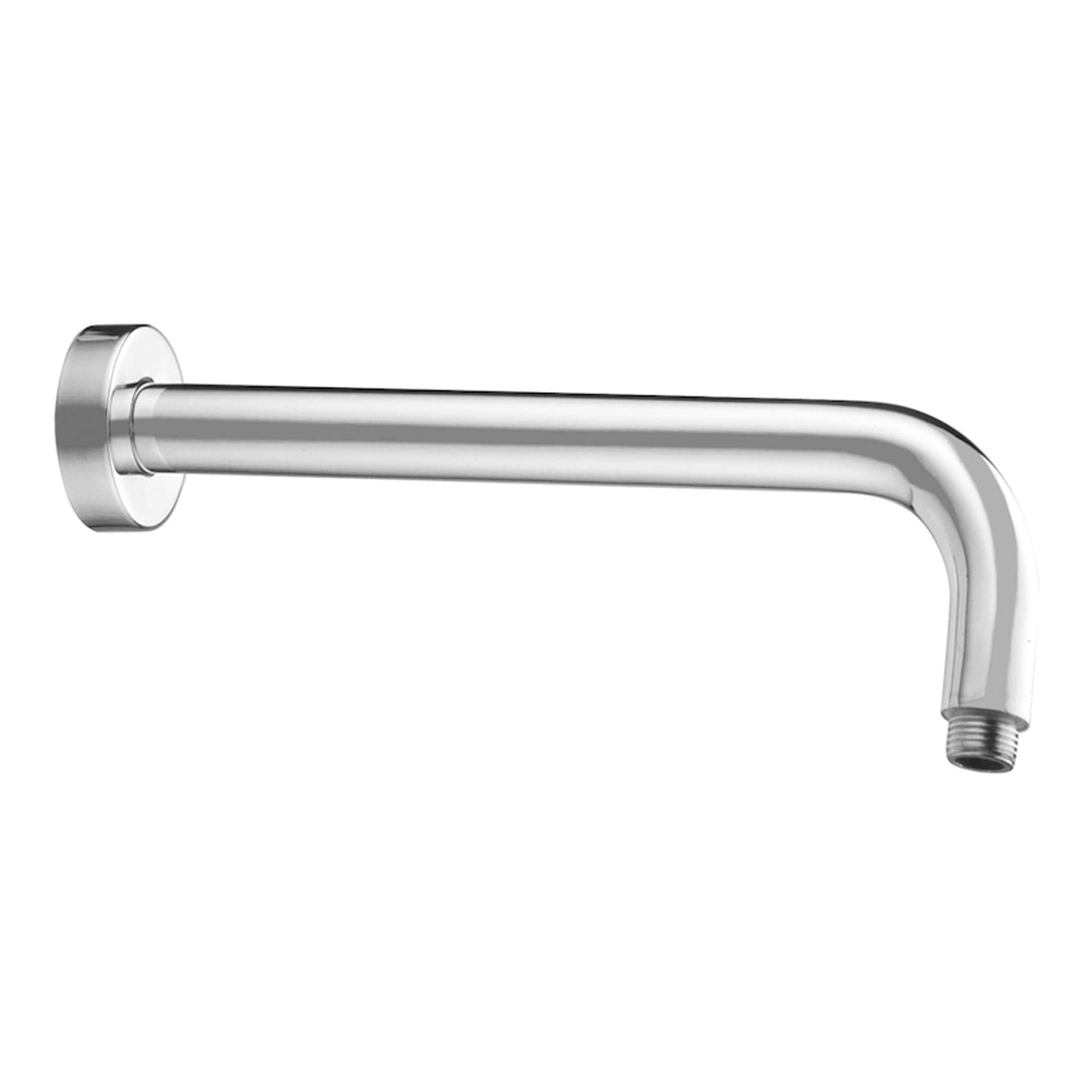 Polished chrome bathroom shower arm, wall-mounted with threaded end for shower head attachment, durable and corrosion-resistant bathroom plumbing fixture.
