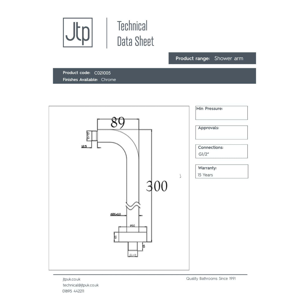 Sleek chrome shower arm with modern design, ideal for bathroom updates, featuring precise measurements and durable finish for enhanced shower experience.