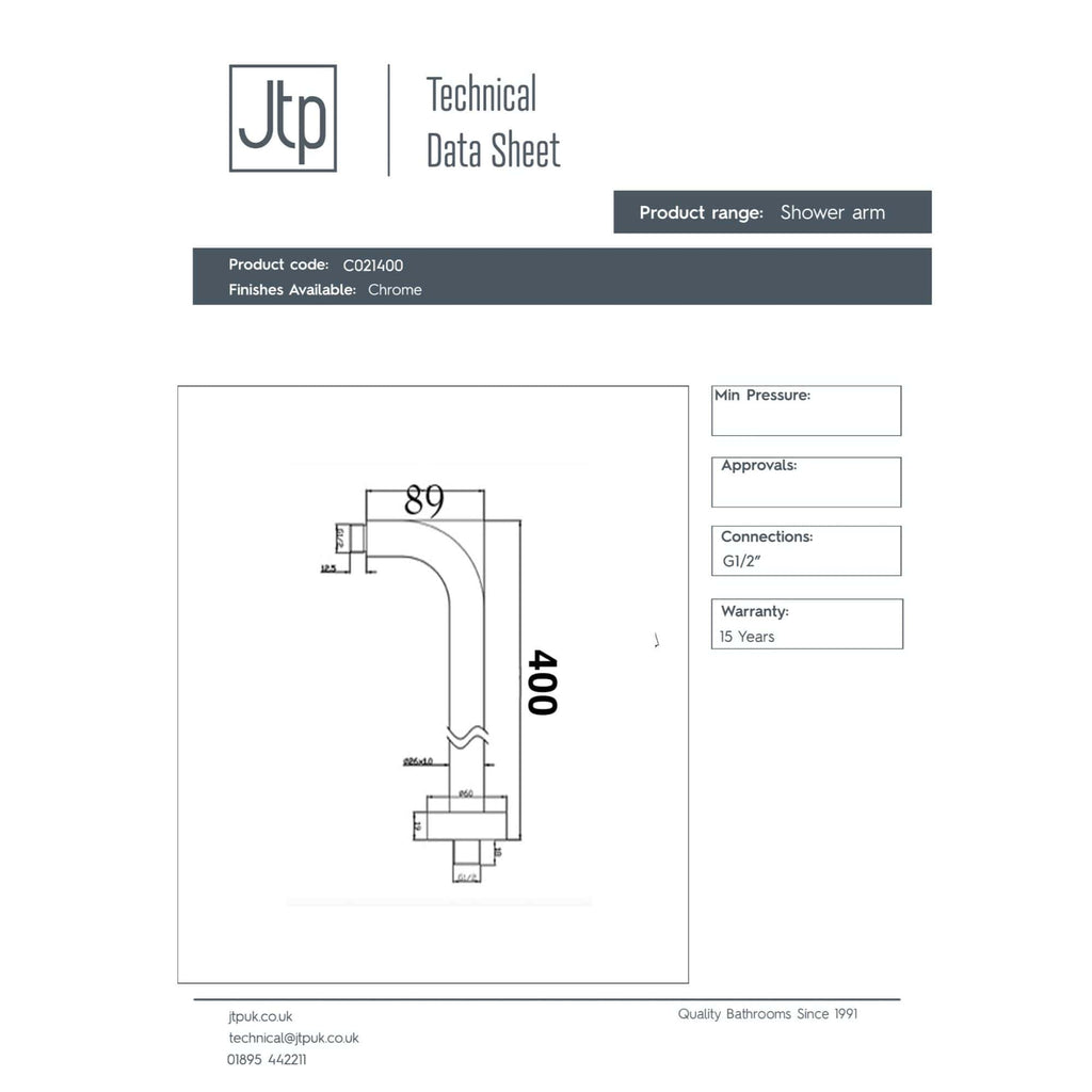 High-quality shower arm with chrome finish, designed for bathroom installations, featuring precise technical dimensions and robust connections for durability and style.