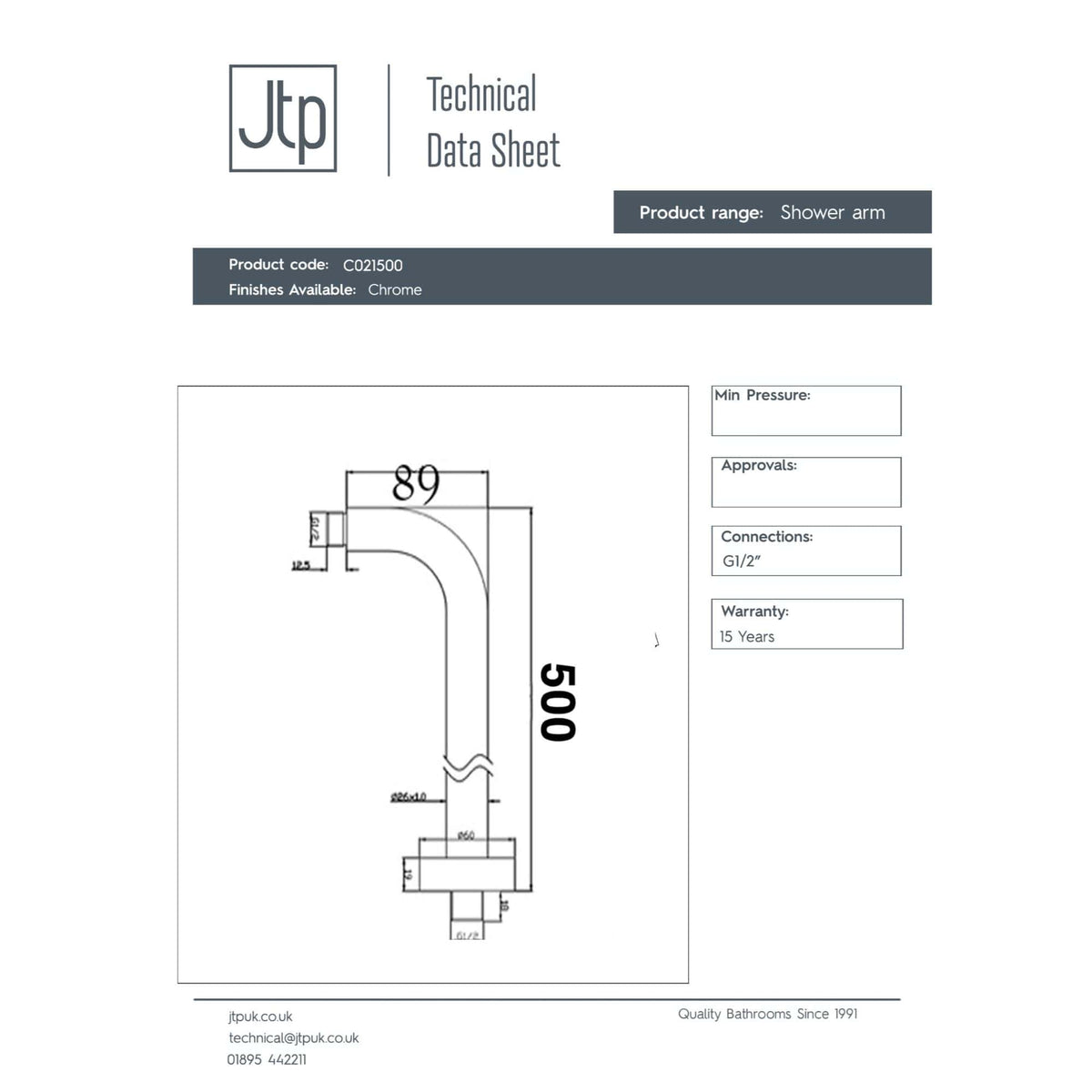 Chrome shower arm technical drawing showing measurements and connection details for bathroom installation.