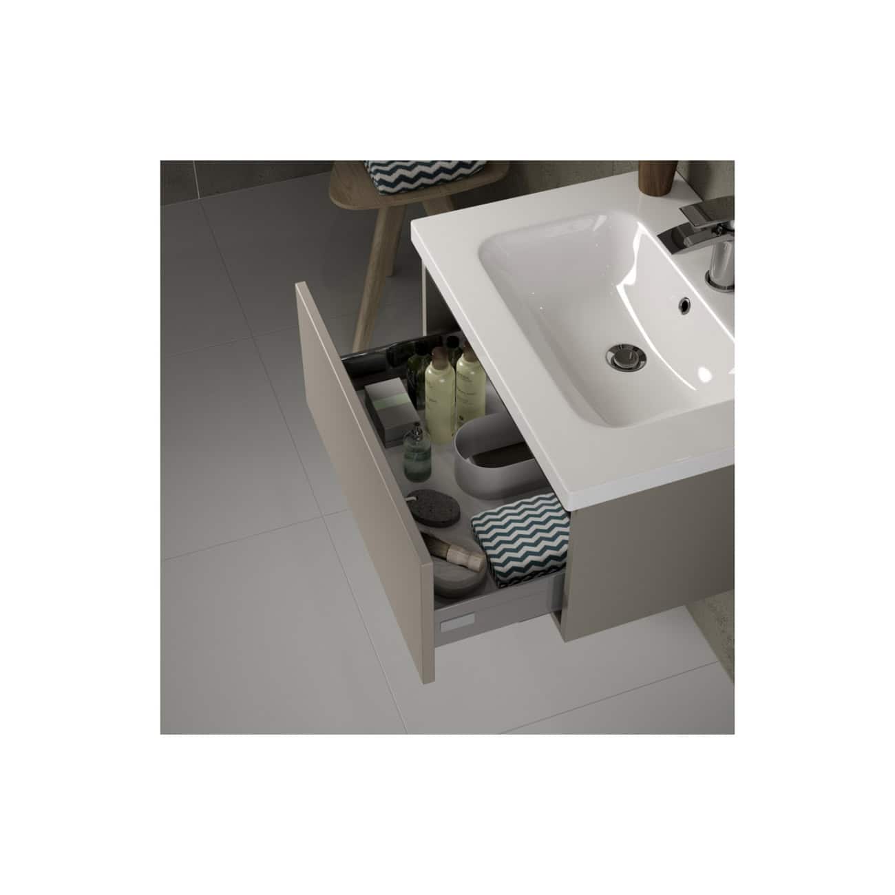 Bright white bathroom sink with built-in cabinet storage, showcasing organised toiletries and accessories for modern bathroom design. Perfect for optimizing space and style in bathroom decor.
