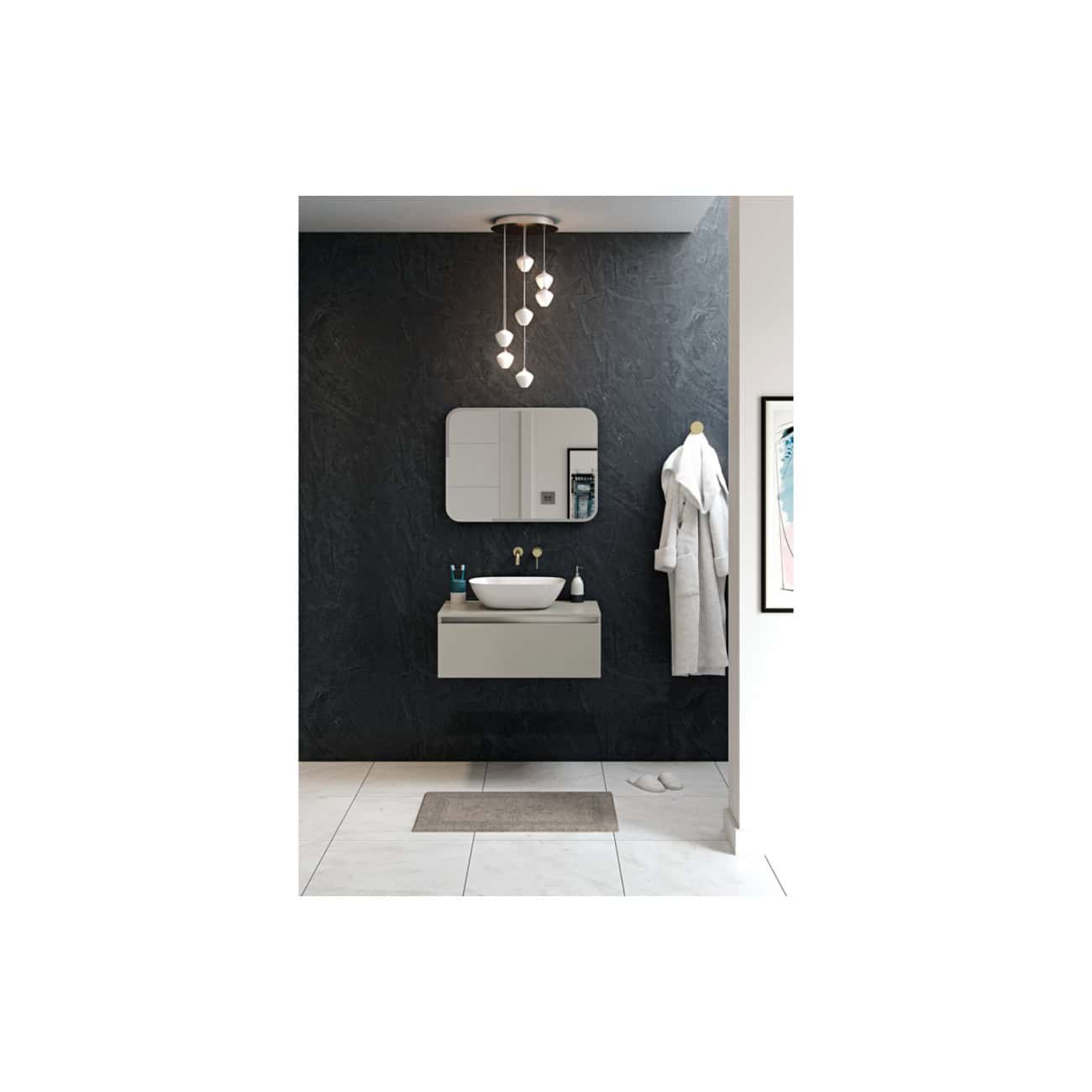 Sleek modern bathroom with floating grey vanity, vessel sink, stylish mirror, contemporary lighting, and a plush bathrobe for a luxurious bathroom design.
