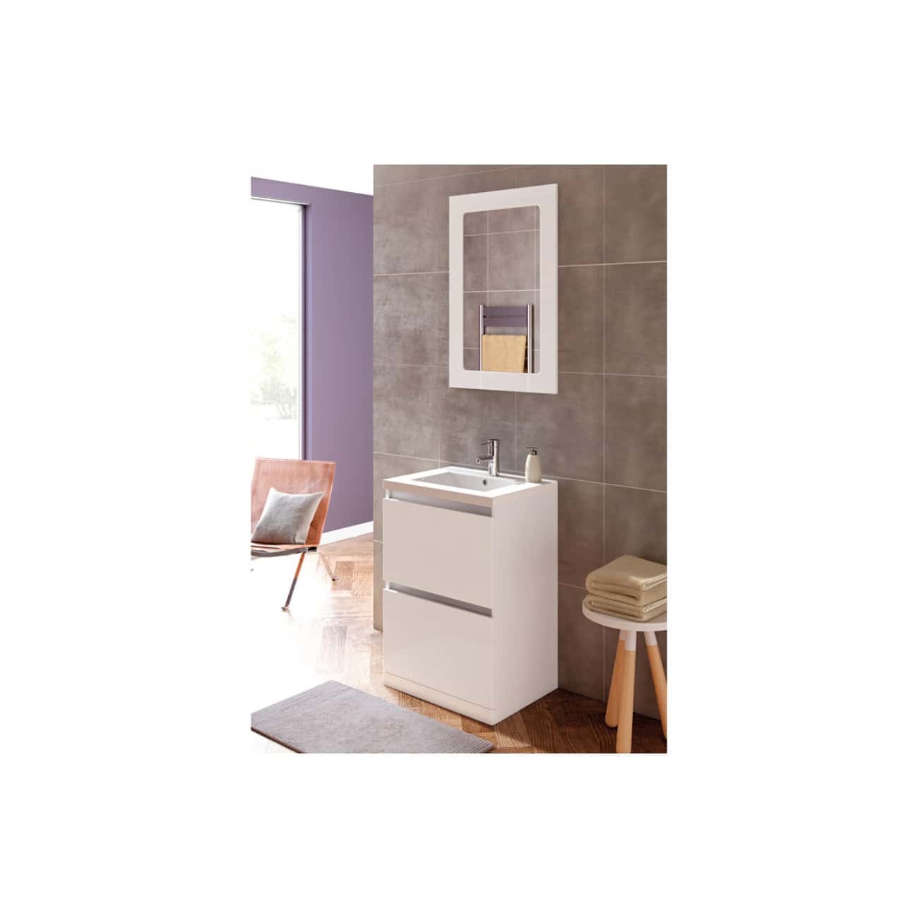 Modern white bathroom vanity with integrated sink and mirror, set against a grey tiled wall, stylishly complementing contemporary bathroom design and bathroom fixtures.
