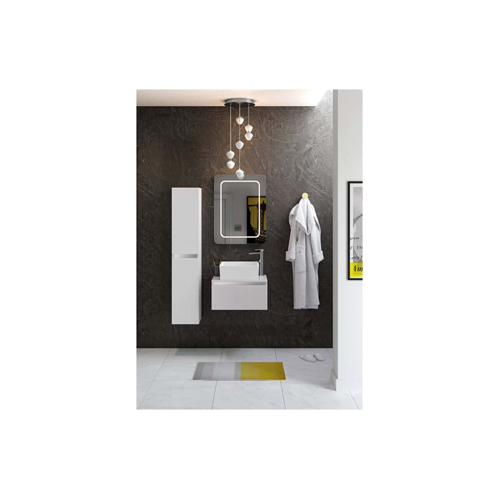 Sleek modern bathroom with a minimalist white vanity, illuminated mirror, and contemporary lighting features, perfect for stylish bathroom designs.