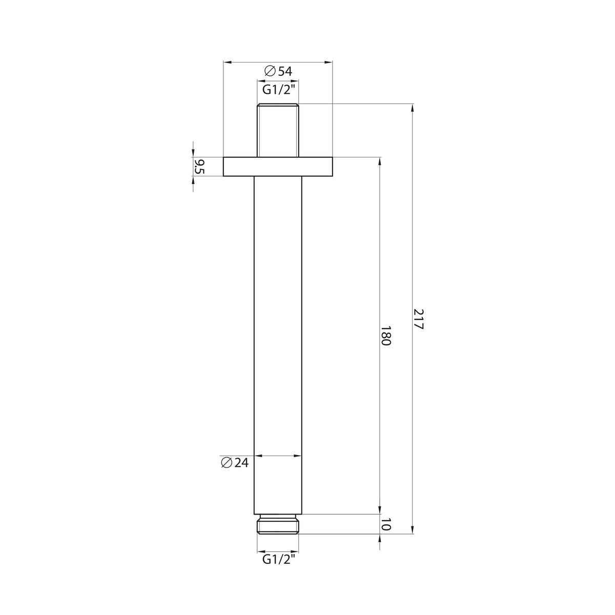Scudo Ceiling Mounted Round Shower Arm, Chrome technical drawing