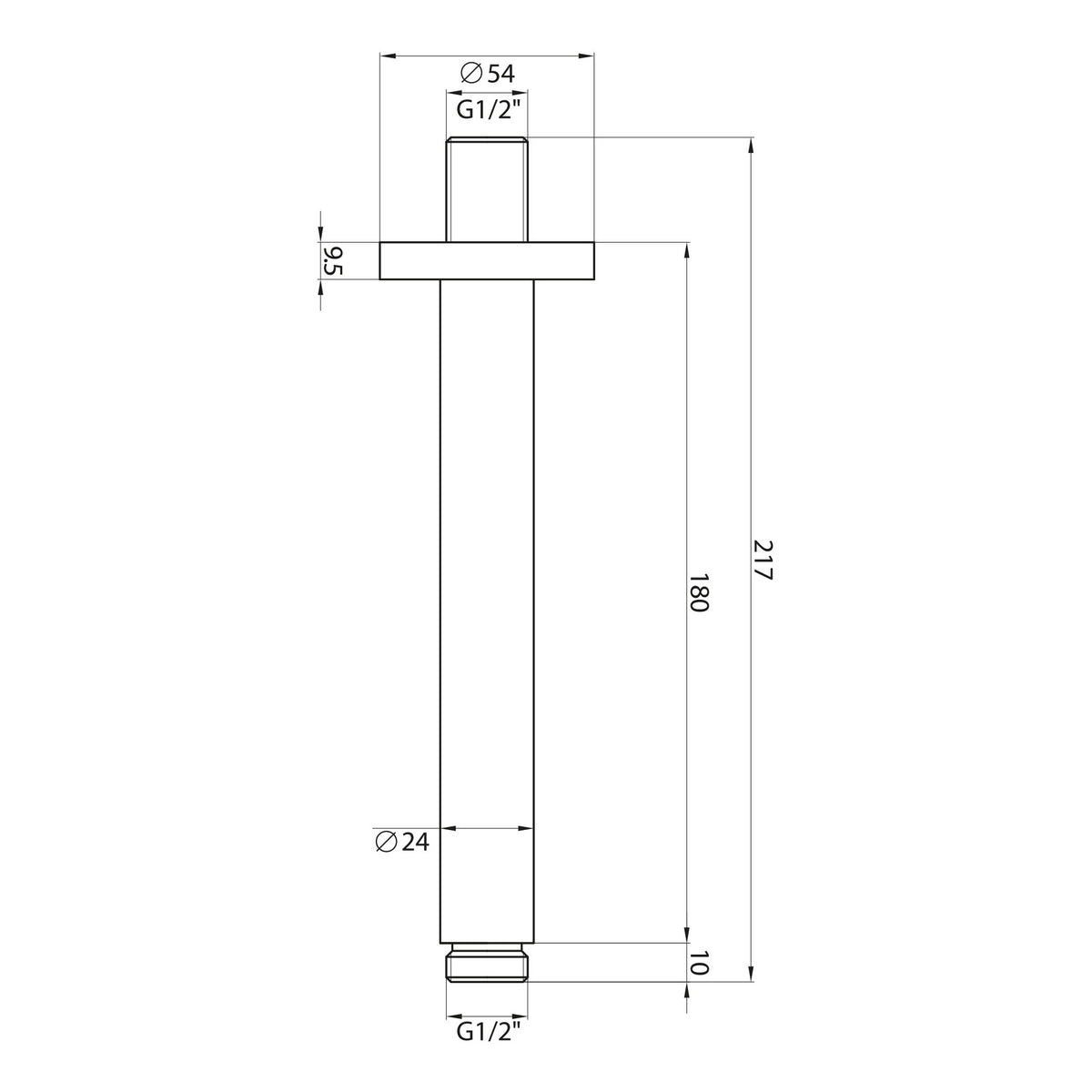 Scudo Ceiling Mounted Round Shower Arm - technical drawing with dimensions
