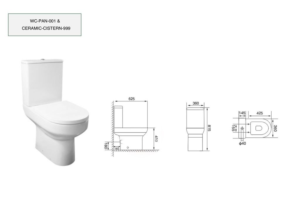 Scudo Choices 600 Open Back Close Coupled Toilet With Cistern And Seat - Gloss White - technical drawing with dimensions