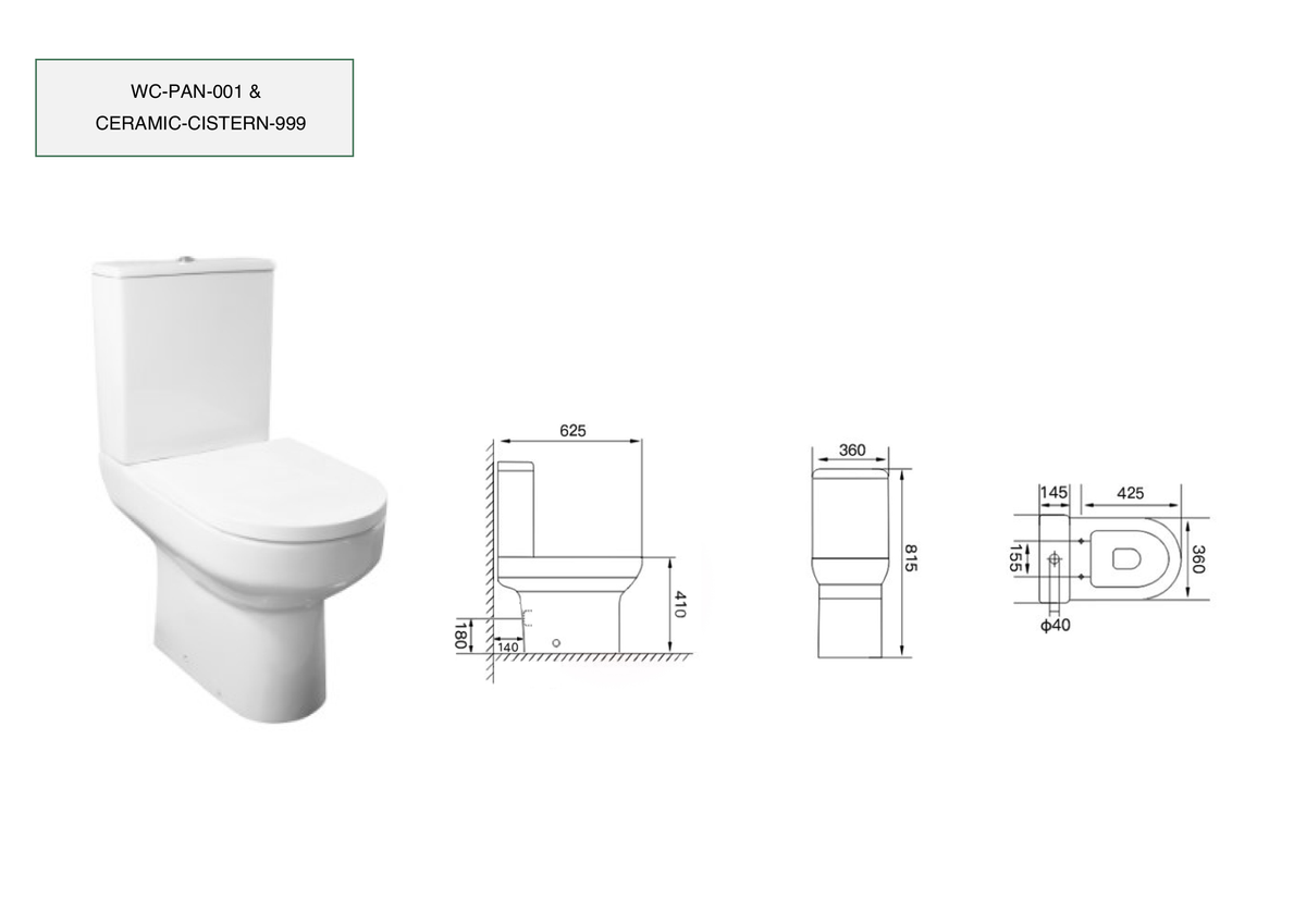 Scudo Spa Open Back Close Coupled Toilet With Cistern And Cistern And Soft Close Seat - White - technical drawing with dimensions