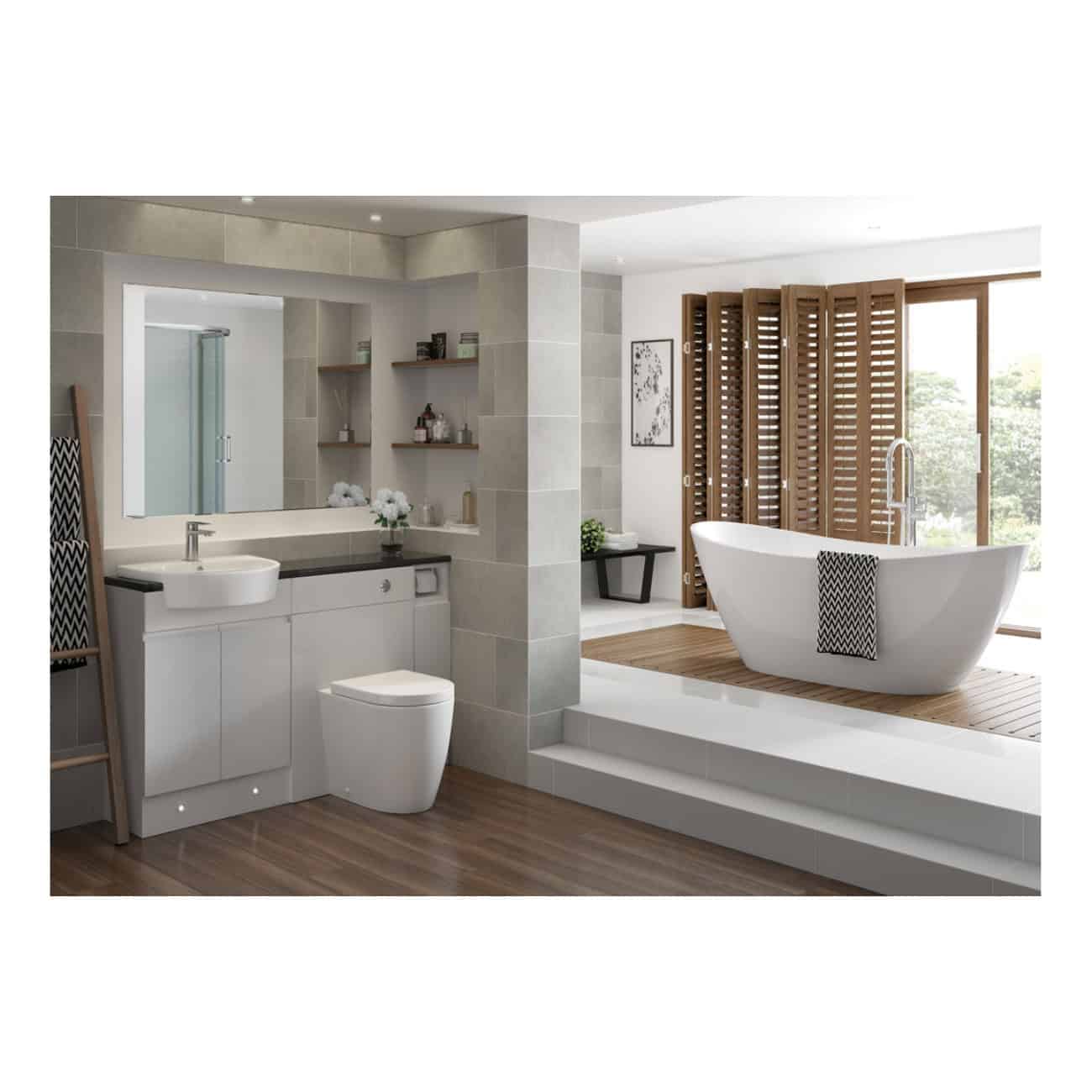 Contemporary bathroom with freestanding bathtub, modern vanity, large mirror, wooden flooring, and natural light; perfect for luxury bathroom renovation and stylish bathroom designs.