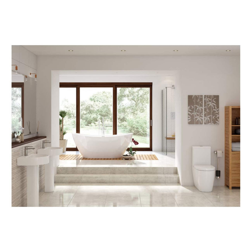 Sleek modern bathroom with a freestanding bathtub by a large window overlooking greenery, featuring minimalist white fixtures, wooden accents, and elegant decor for a serene bathroom retreat.