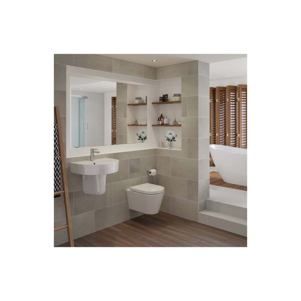 Contemporary bathroom with wall-mounted sink, modern toilet, beige tile walls, and wooden accents, featuring a stylish freestanding bathtub with natural wood blinds for a relaxing spa feel.