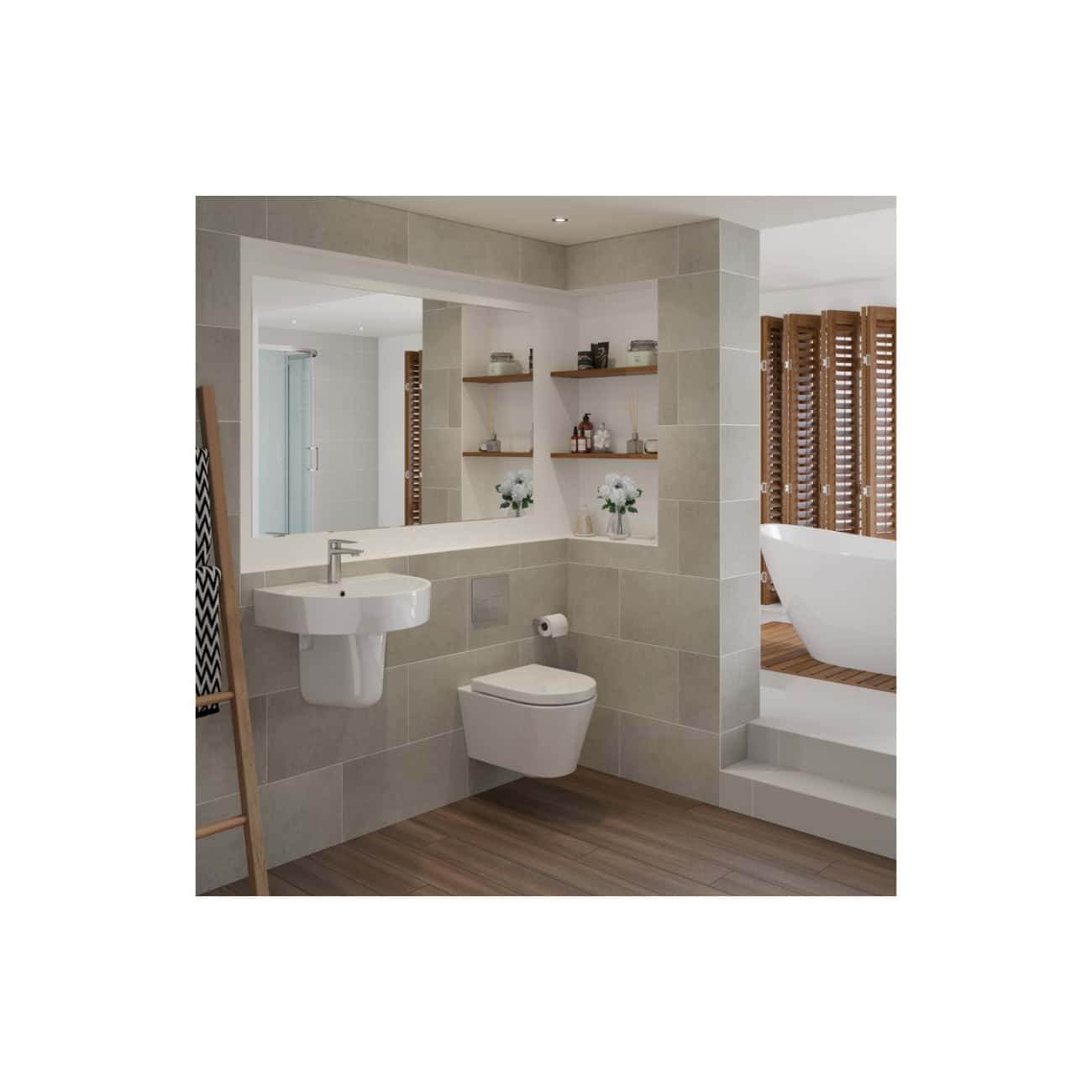 Contemporary bathroom with wall-mounted sink, modern toilet, beige tile walls, and wooden accents, featuring a stylish freestanding bathtub with natural wood blinds for a relaxing spa feel.