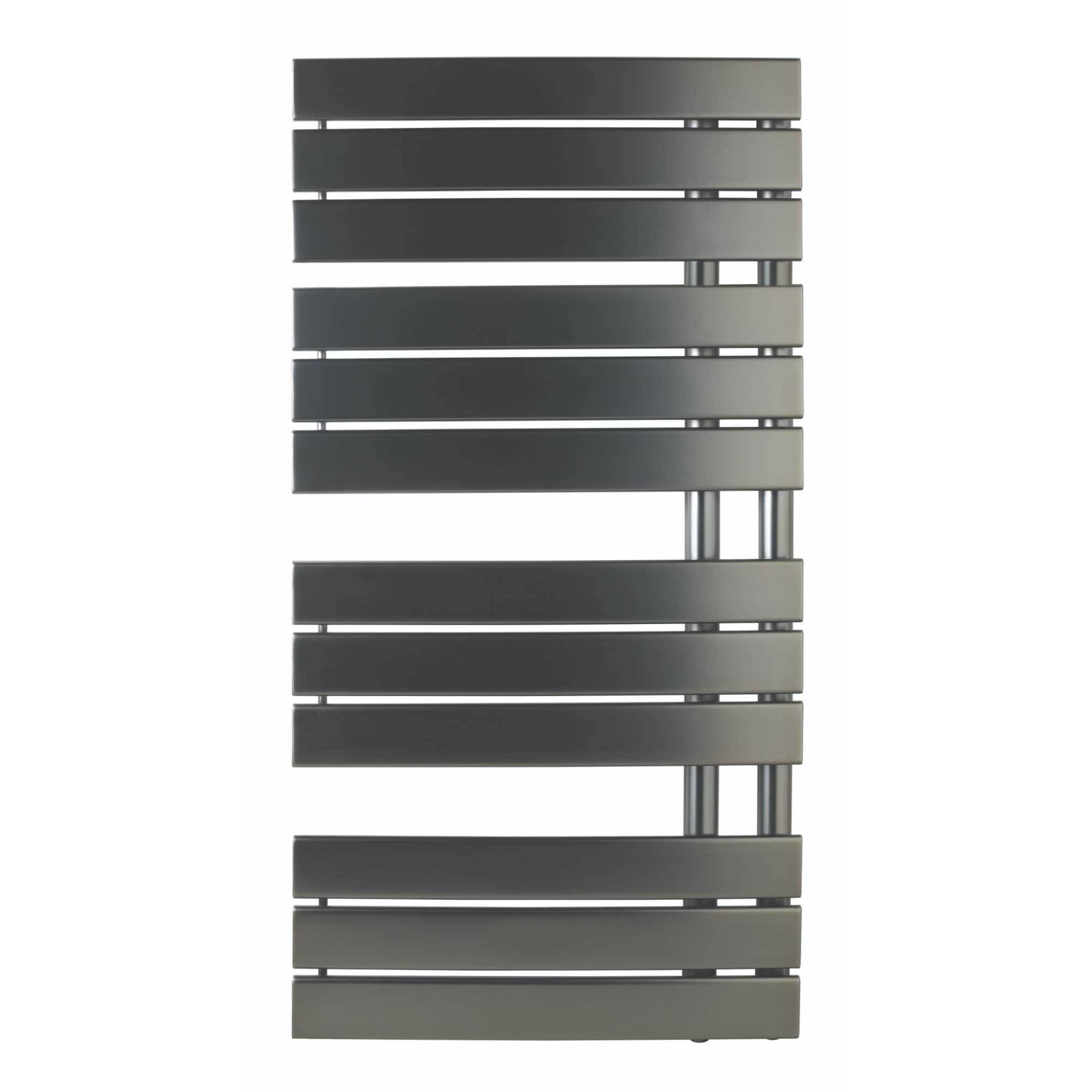Sleek modern grey radiator with horizontal slats, perfect for contemporary bathrooms and heating solutions. Durable design enhances bathroom style and warmth.
