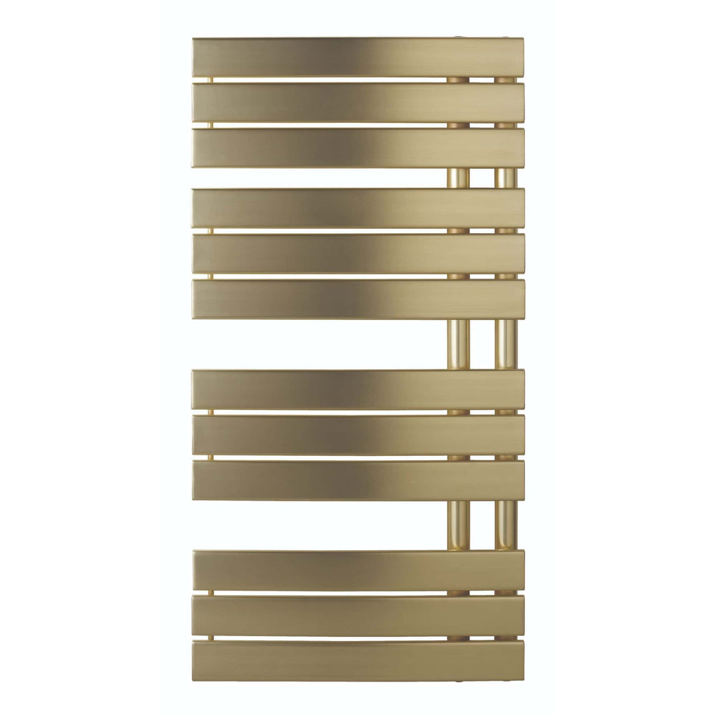 Modern gold heated towel rail radiator for bathroom and heating solutions.