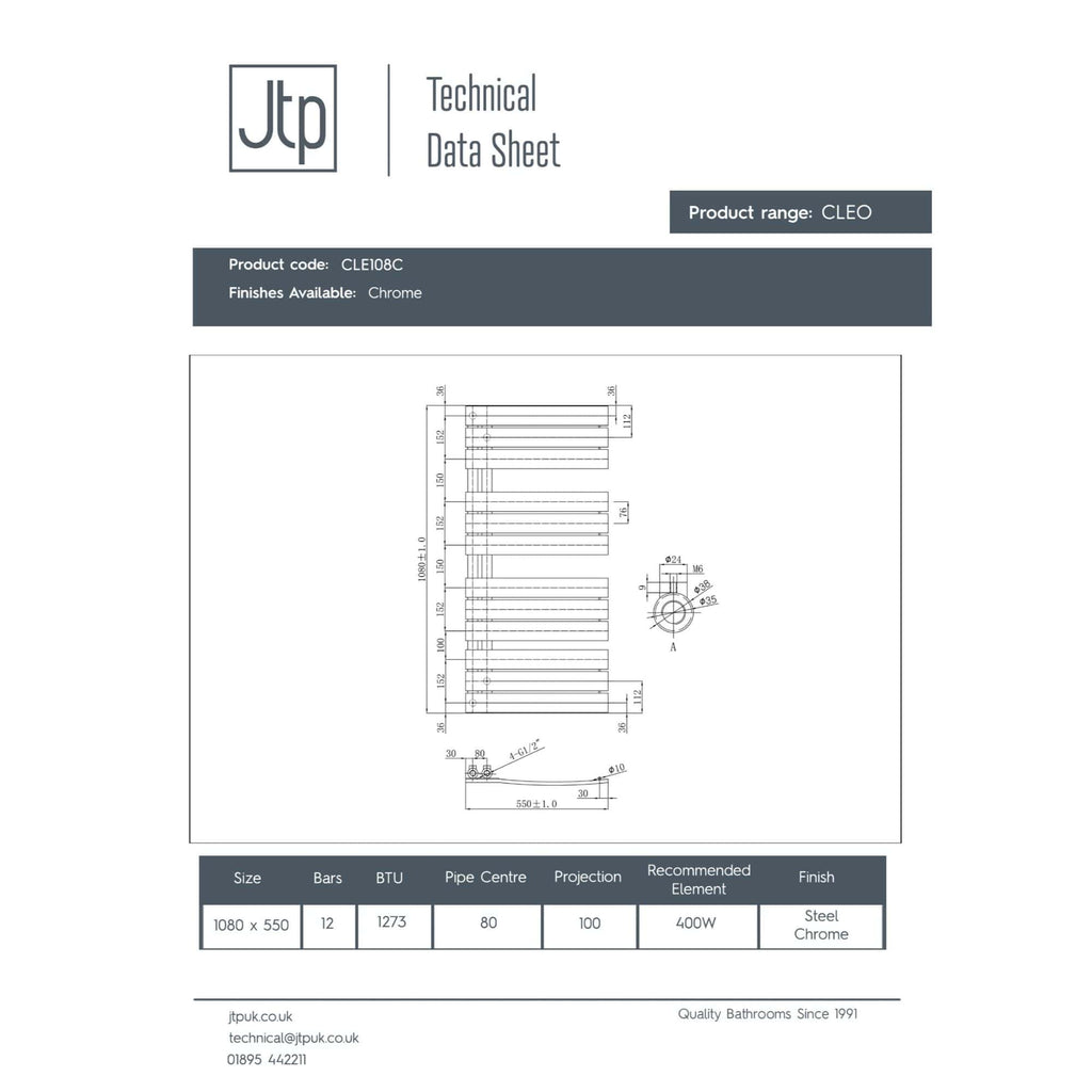High-quality chrome bathroom radiator with modern design, 12 bars, and 1273 BTU output, ideal for heating bathrooms. Technical specifications include dimensions and installation details.