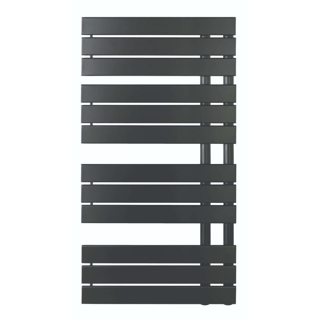 Modern black radiator towel rail for bathroom heating and drying towels, sleek and stylish design, excellent for contemporary bathroom decor.