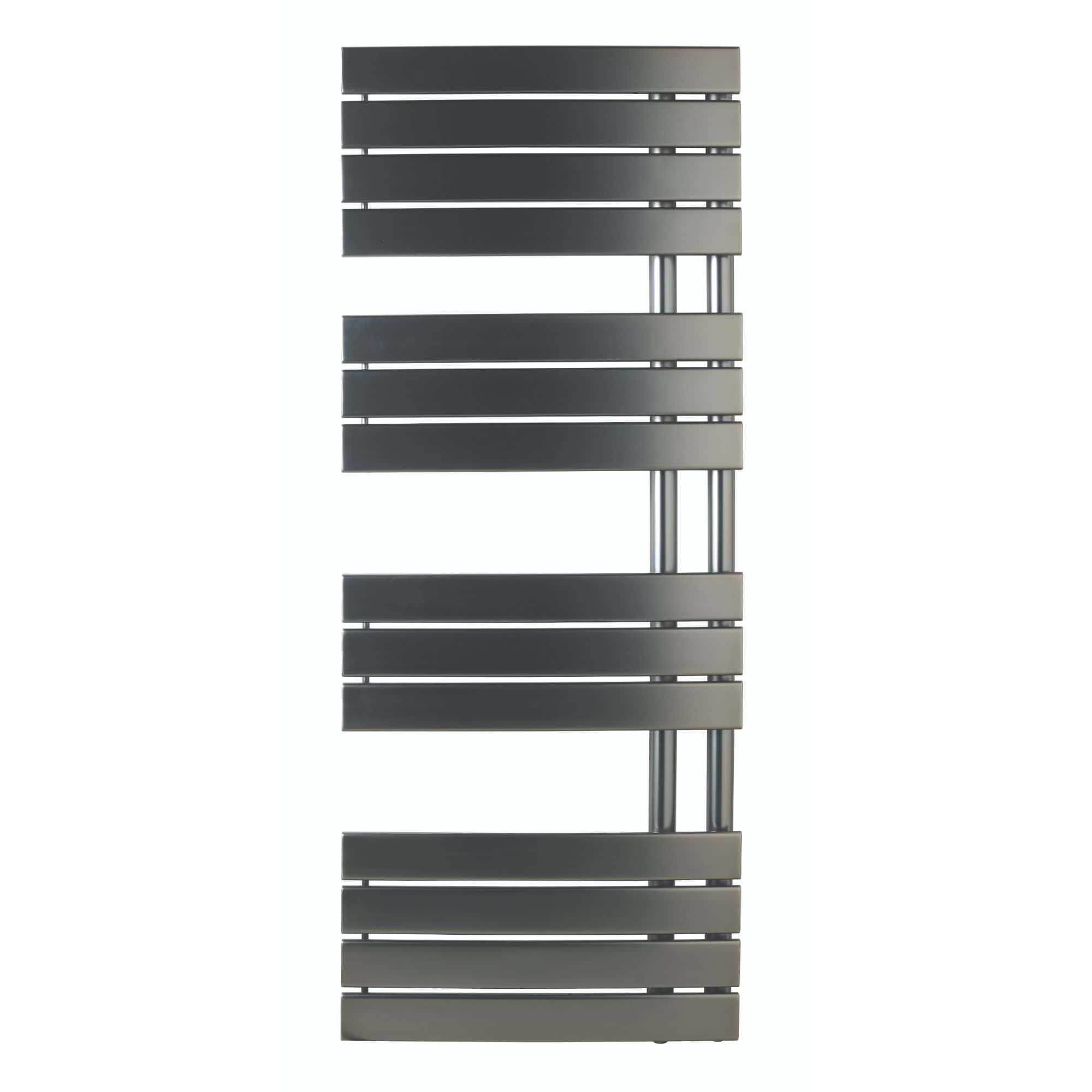 Stylish modern heated towel radiator in sleek grey finish, perfect for contemporary bathrooms, providing efficient heat and towel drying solution. Ideal for luxury bathroom designs.