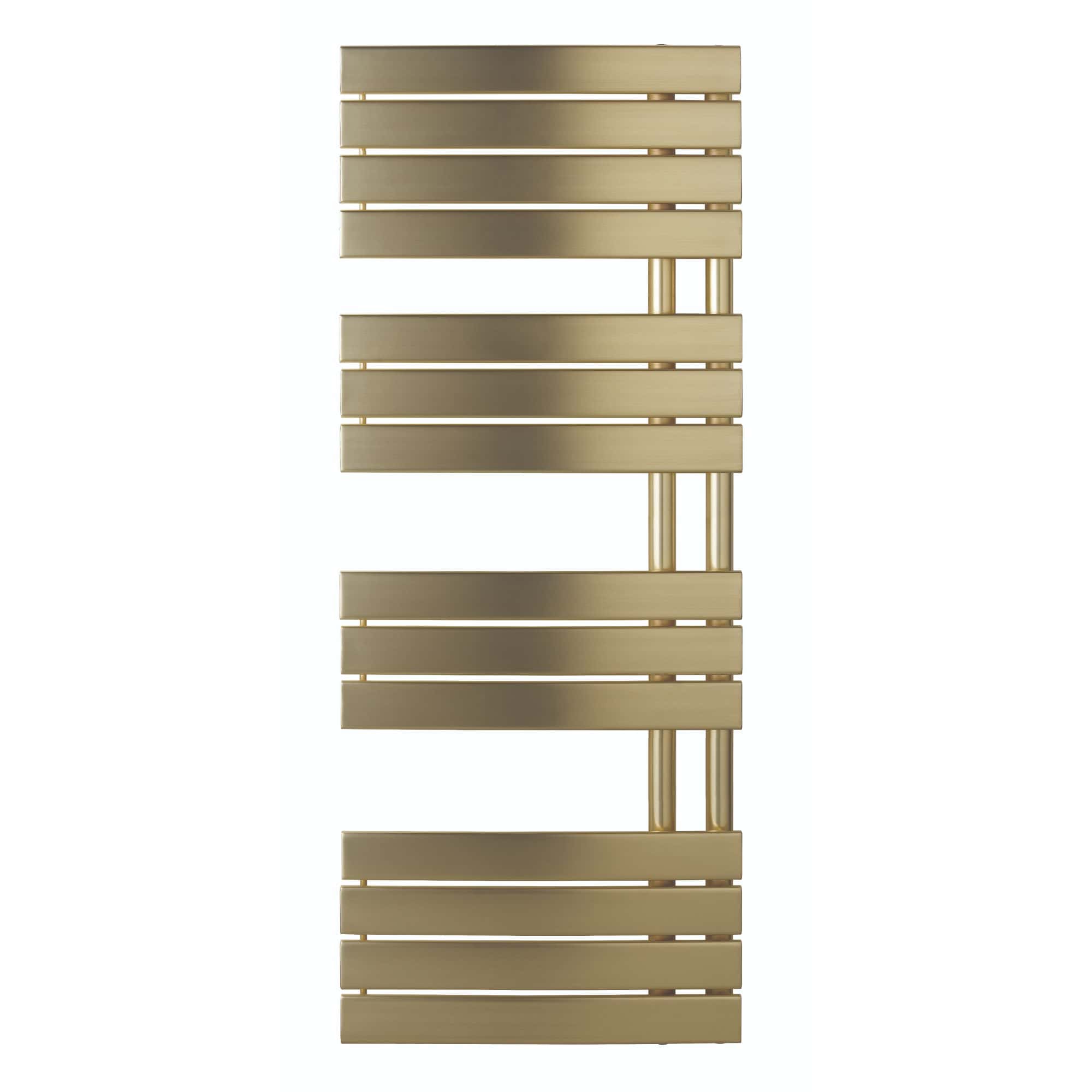 Sleek gold heated towel rail from Bubly Bathrooms, perfect for modern bathrooms and enhancing heat efficiency. Elegant design with horizontal slats for towel drying and warming.