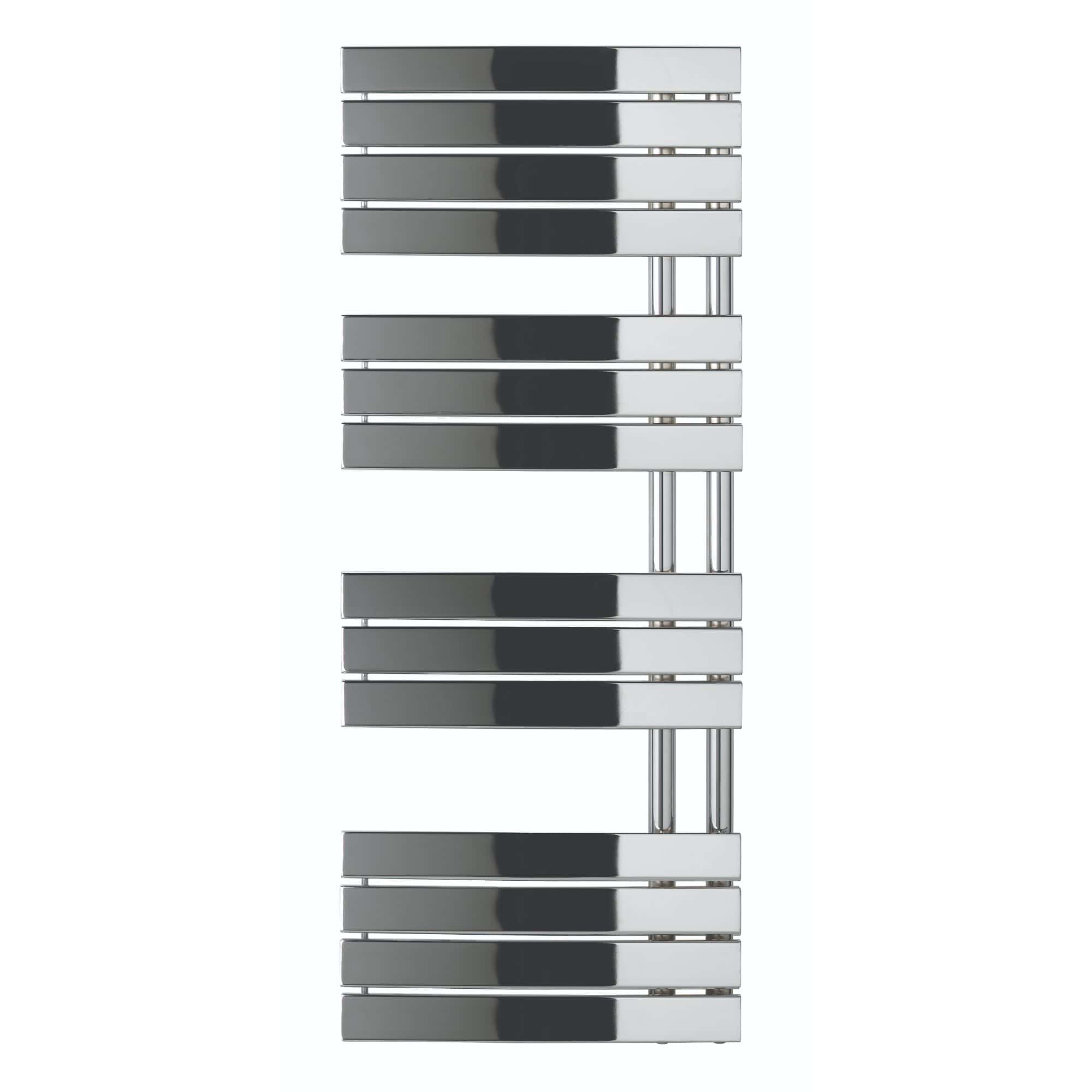 Shiny chrome towel radiator with horizontal bars, designed for modern bathrooms and heated towel drying. Perfect for stylish and functional bathroom heating solutions.