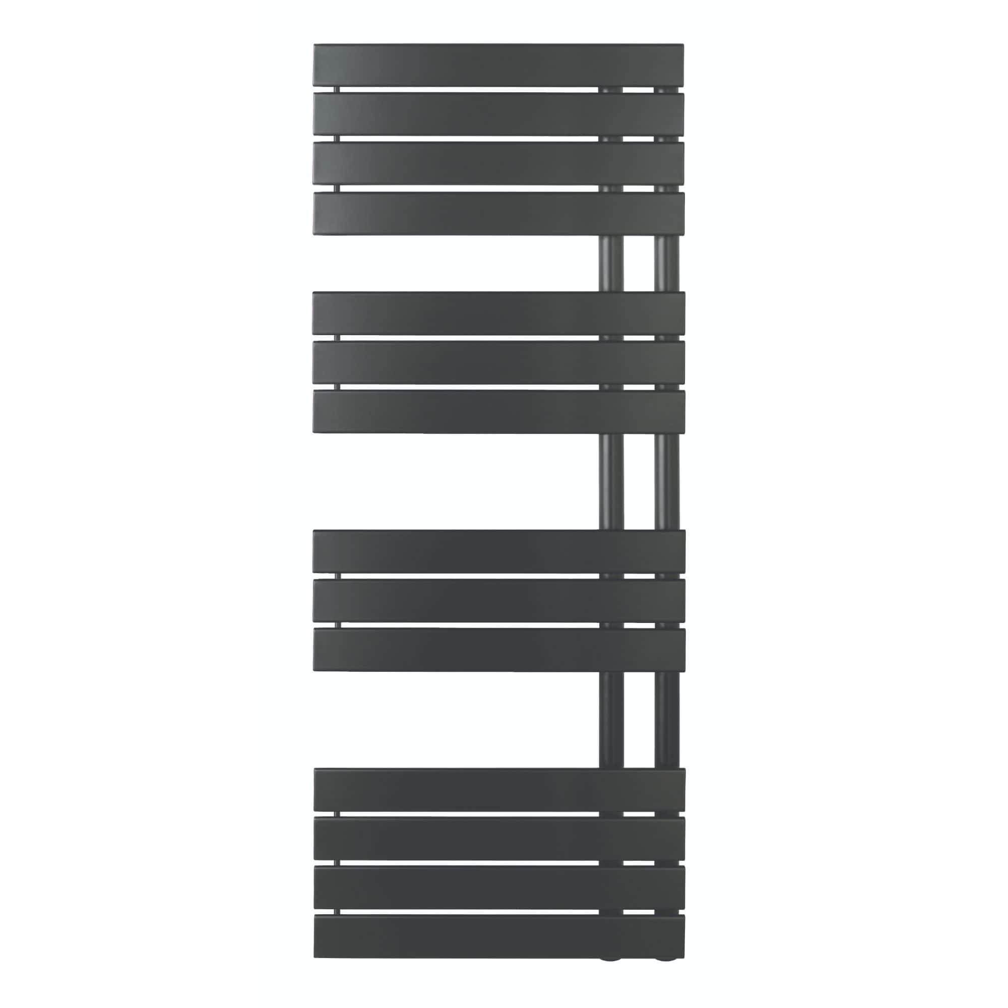 Sleek black slatted towel radiator with modern vertical design, perfect for contemporary bathrooms, providing efficient heating and towel drying solutions.